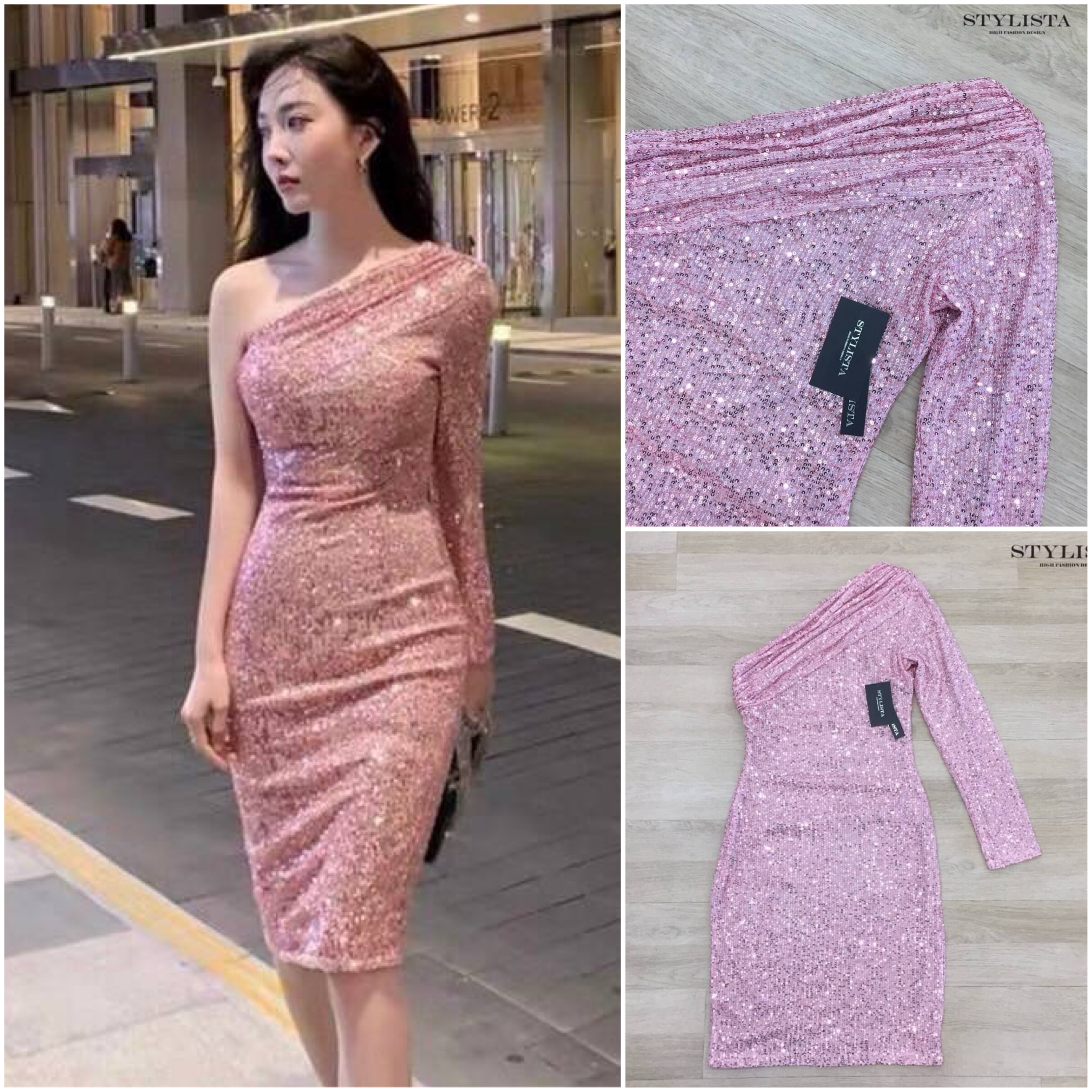 เดรสไหล่เฉียง แขนยาว ผ้าเลื่อมทั้งตัวใส่สวย เรียบหรู ดูดีมากๆ ใส่ออกงาน ใส่เที่ยว ใส่ได้ หลายโอกาส ใส่สบาย สินค้าคุณภาพ (พร้อมส่ง)