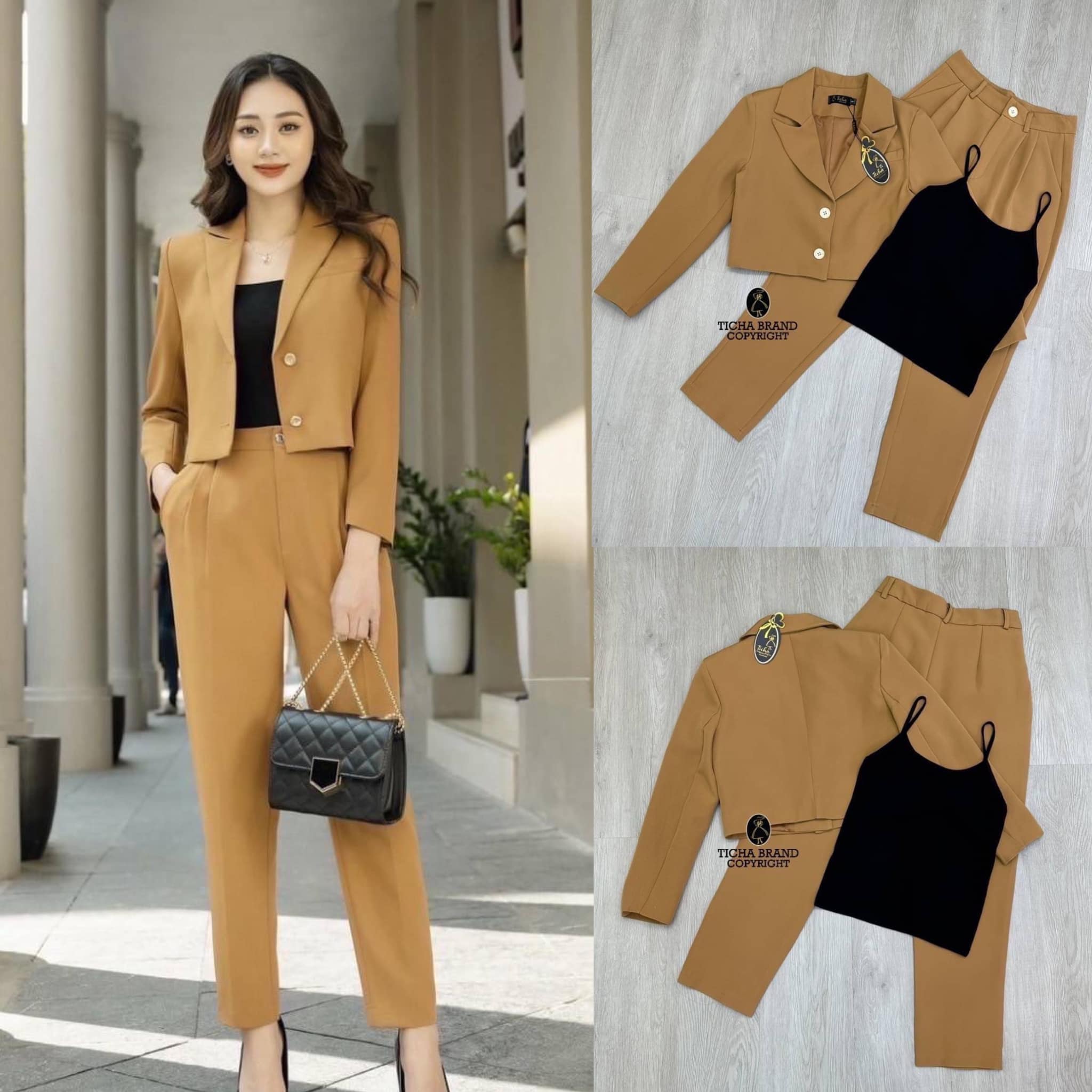 Set 3 ชิ้น เสื้อครอปตัวสั้นคอปกแขนยาวไหล่เสริมฟองน้ำ ด้านหน้ามีกระดุมใช้งานได้จริง มีเสื้อสายเดี่ยว สีดำตัวในให้ด้วยนะคะ มาพร้อมกางเกงขายาว . สินค้าคุณภาพ (พร้อมส่ง) .