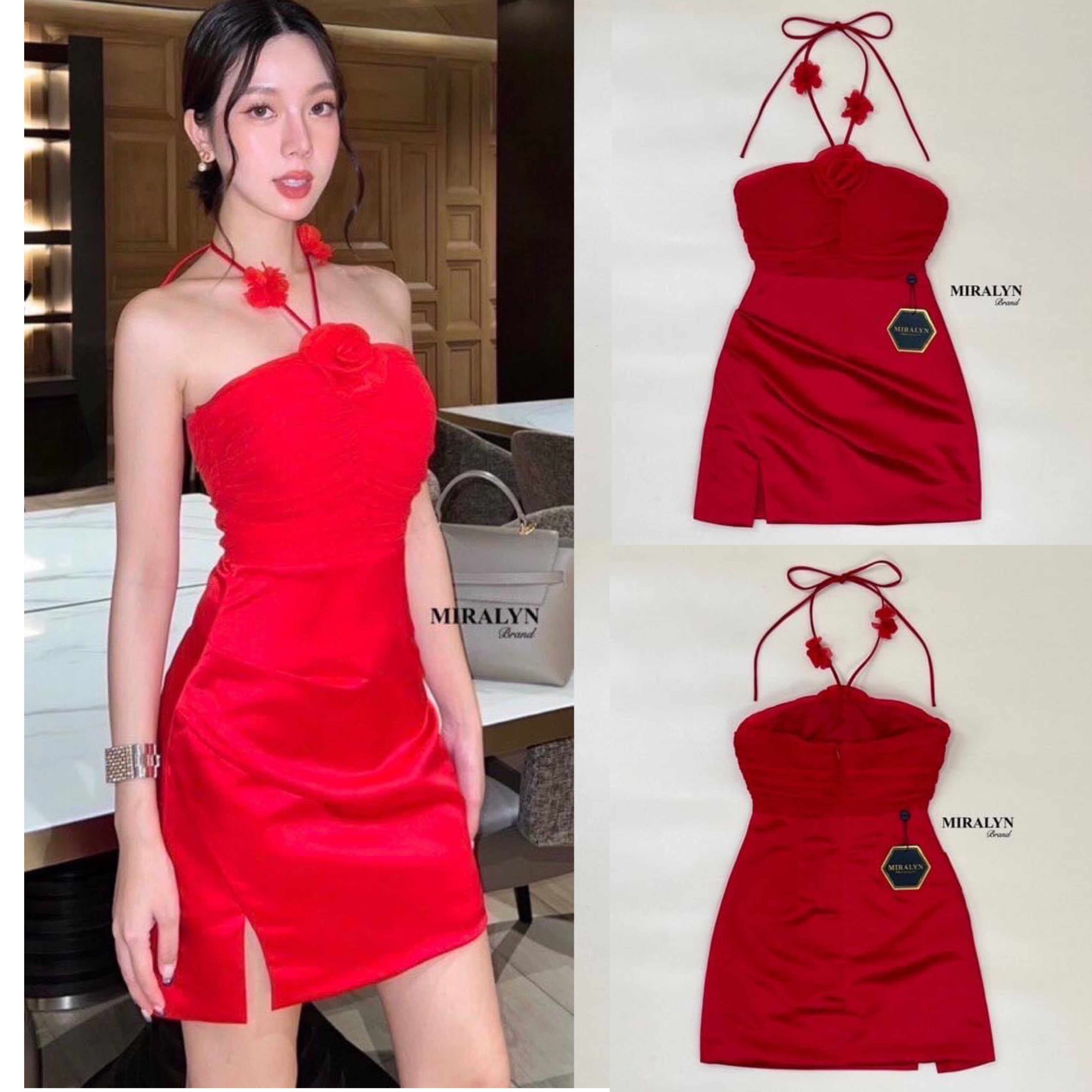 มินิเดรสทรงเกาะอกเชือกผูกคอแต่งดอกไม้ ช่วงอกติดดอกไม้ กระโปรงทรงบานเล็กน้อยแต่งดีเทลจับจีบด้านข้างและผ่าข้างทรงสวยจ้า ใส่สบาย สินค้าคุณภาพ (พร้อมส่ง)