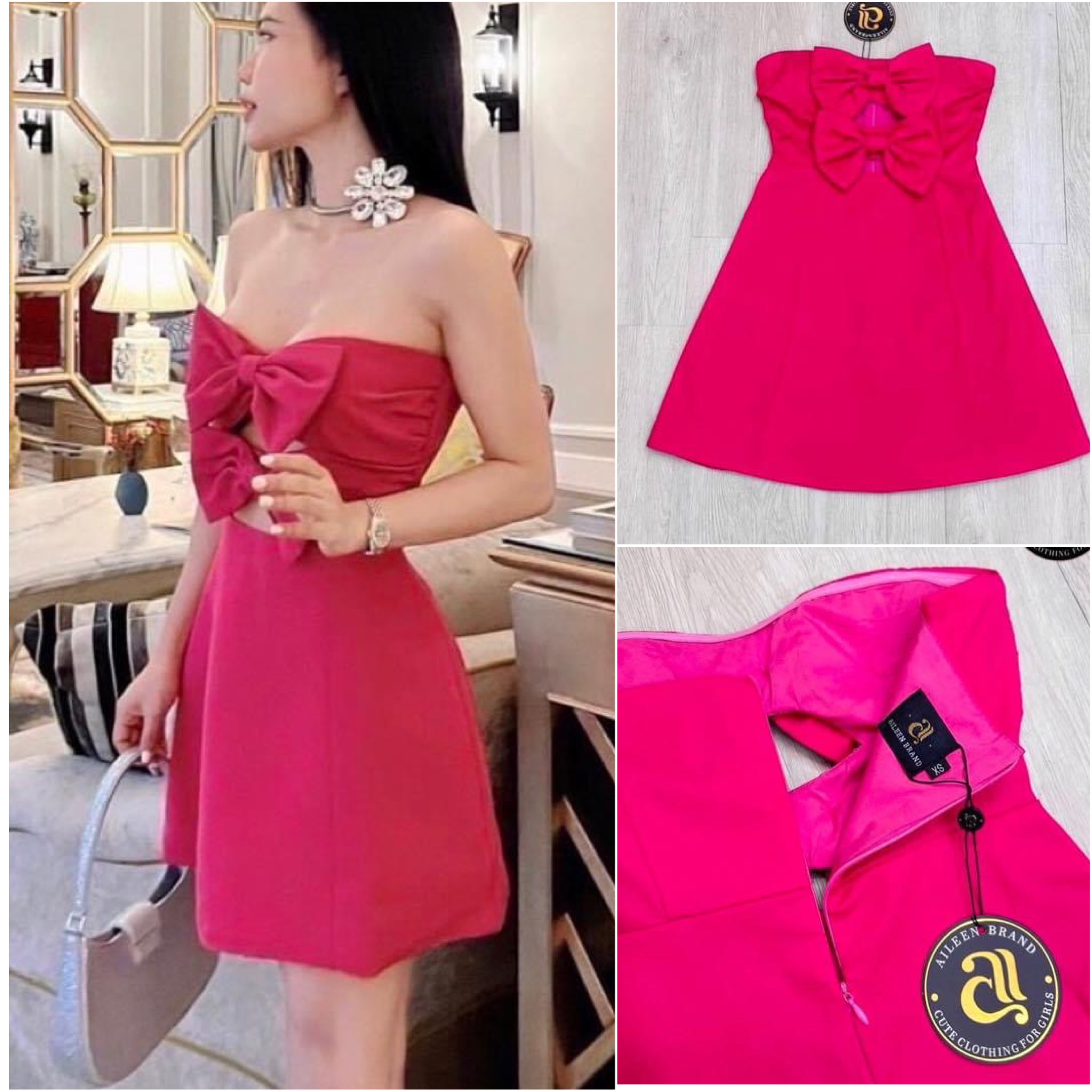มินิเดรสเกาะอกสีชมพูสดใส ช่วงอกด้านหน้าเว้าและแต่งโบว์ใหญ่ ( เสริมฟองน้ำและซิปหลังอย่างดี ) สินค้าคุณภาพ (พร้อมส่ง)
