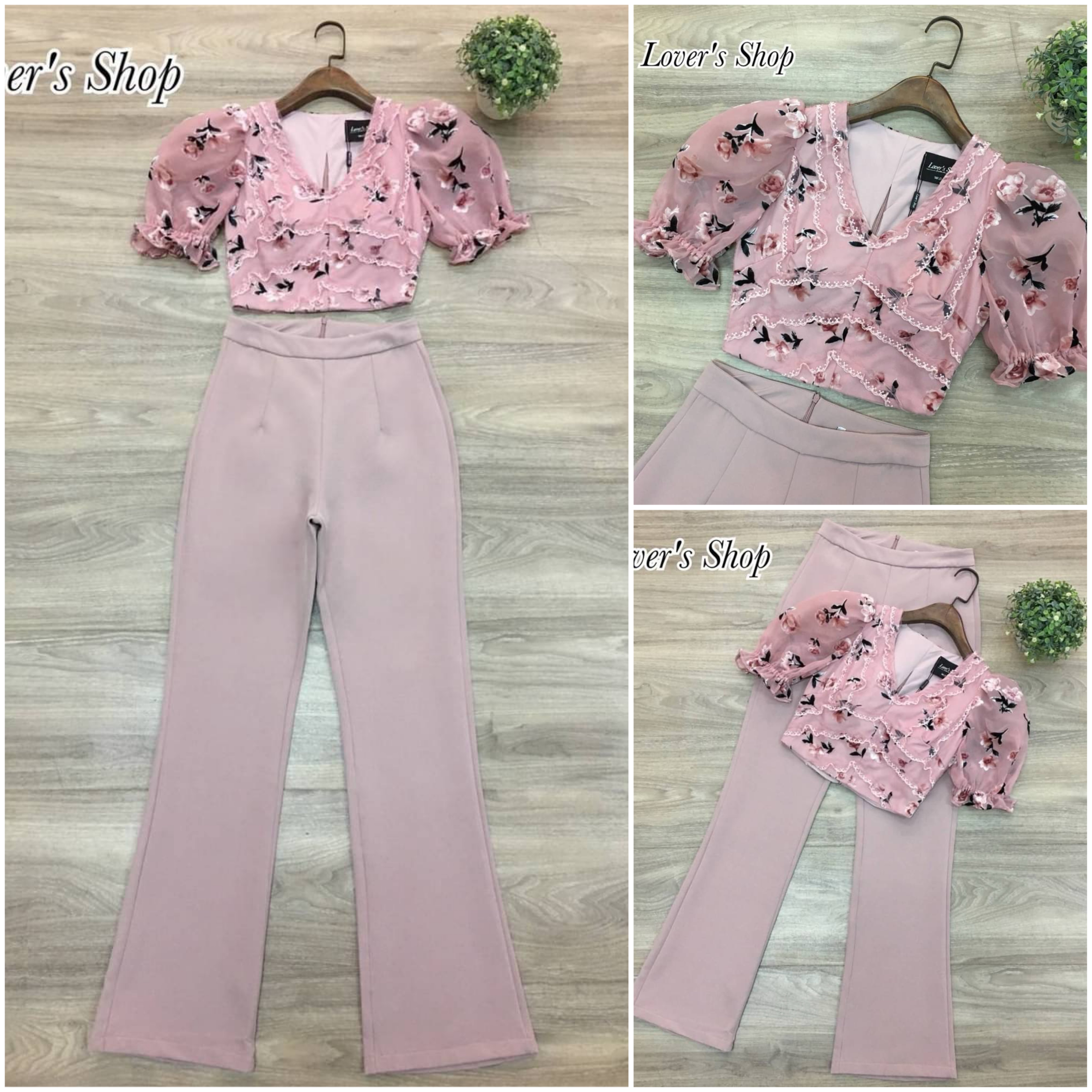 เซ็ท2ชิ้น ชุดเซ็ทเสื้อคร็อปทรงแขนตุ๊กตา เนื้อผ้าลายดอกไม้กำมะหยี่ เอวไม่ลอย มาพร้อมกางเกงเอวสูง สินค้าคุณภาพ (พร้อมส่ง)