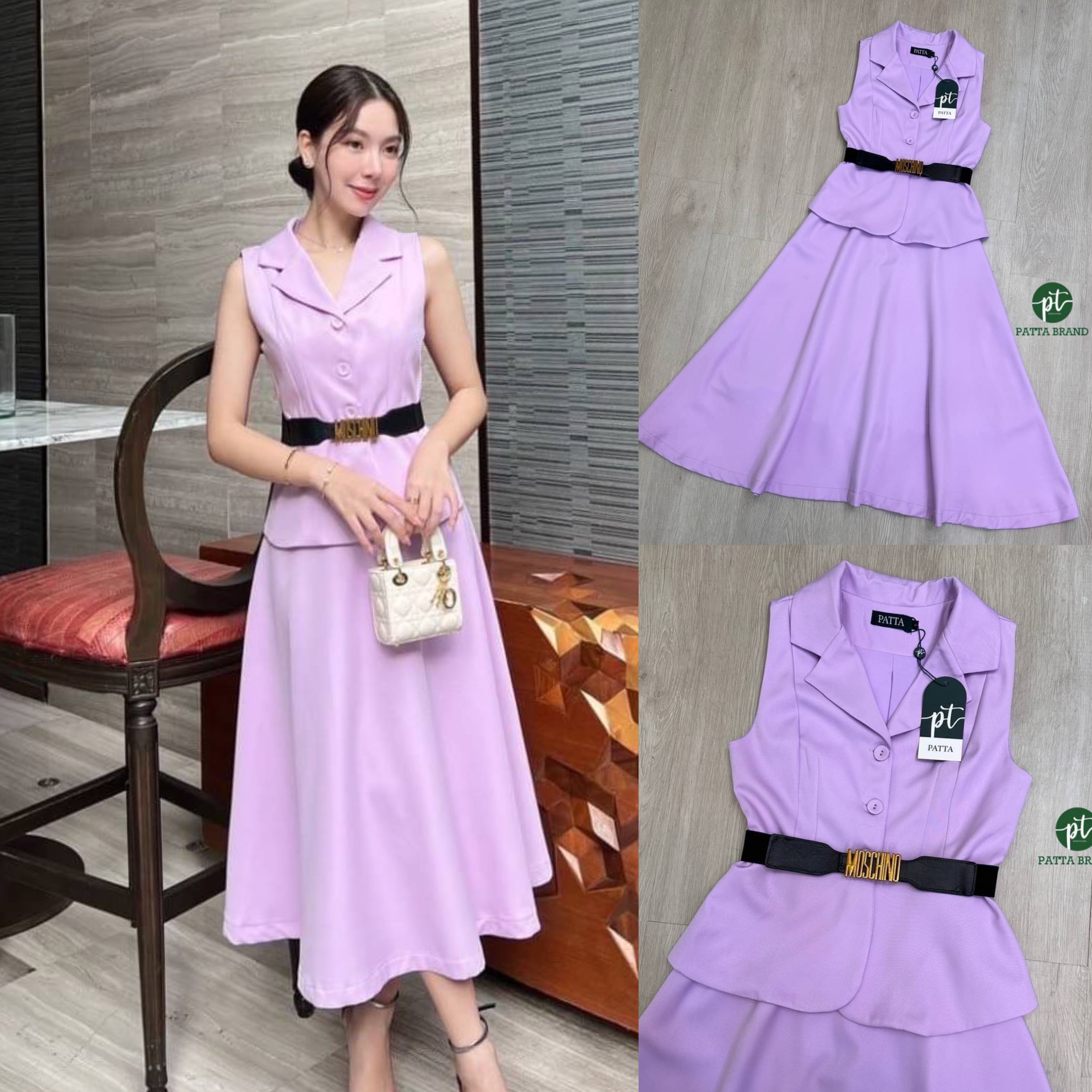 Set ชุด2ชิ้น เสื้อคอปกไล่ระดับแขนกุด +เข็มขัดหนังเย็บต่อยางยืดหัวทองอักษร(สายยืดได้ตามตัว)+กระโปรงทรงย้วย งานซิปหลังสวมใส่สบาย สินค้าคุณภาพ (พร้อมส่ง)