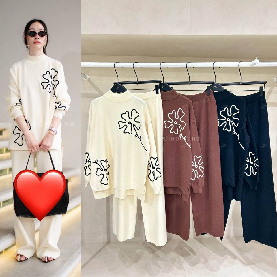 Set เสื้อแขนยาวไหมพรมคอเต่า ปักดอก+กางเกงขายาว ใส่สบาย : สินค้าคุณภาพ (พร้อมส่ง)