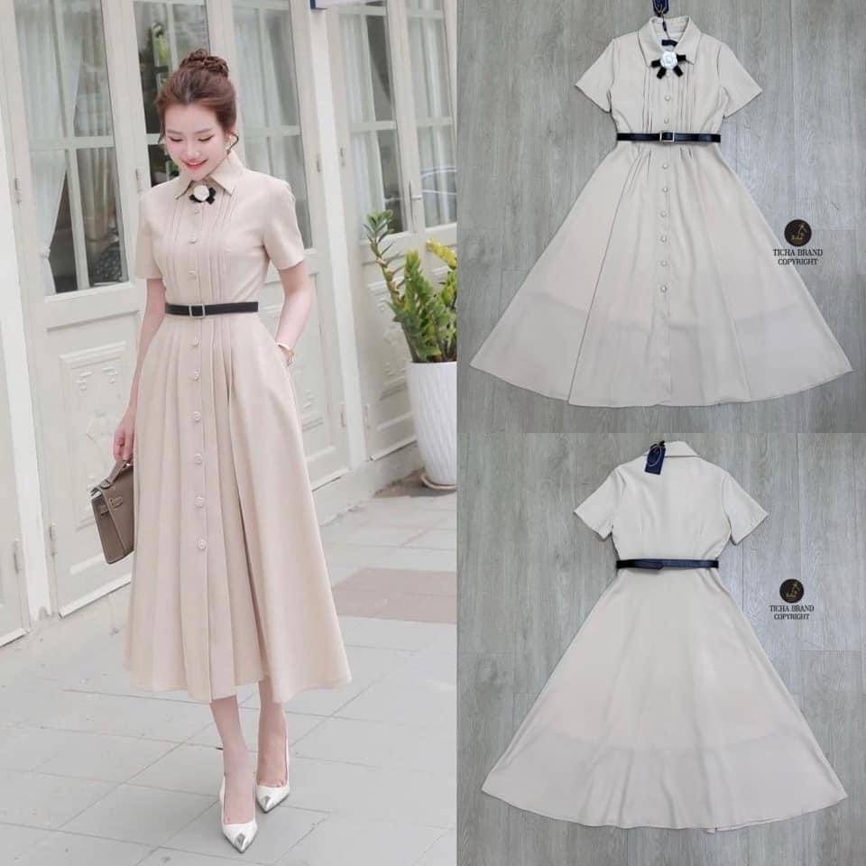 เดรสยาวคอปกแขนสั้นสีครีม มีกระดุม หน้าเรียงยาวใช้งานได้จริง ใส่สบาย : สินค้าคุณภาพ (พร้อมส่ง)