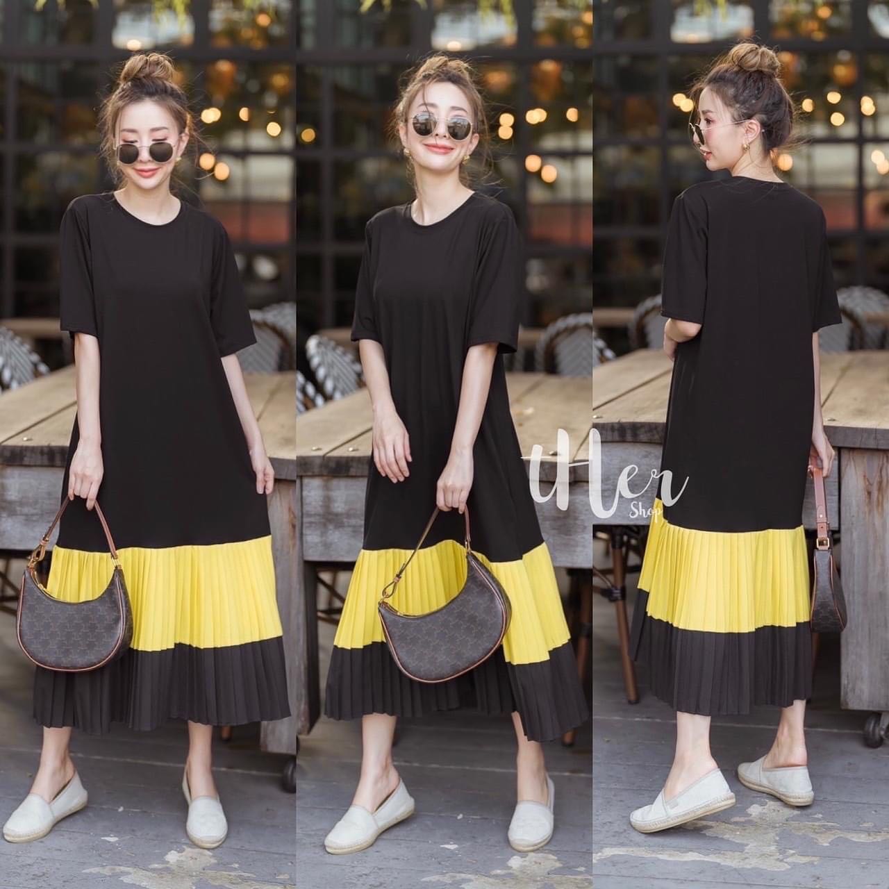 Long Dressเดรสคอกลมตัวยาวทรงสวย ดีเทลต่อชายระบายอัดพลีสใส่สบาย ใส่สวย ตัวเดียว ใส่เที่ยวใส่ชิวได้เลยค่ะ สินค้าคุณภาพ (พร้อมส่ง)