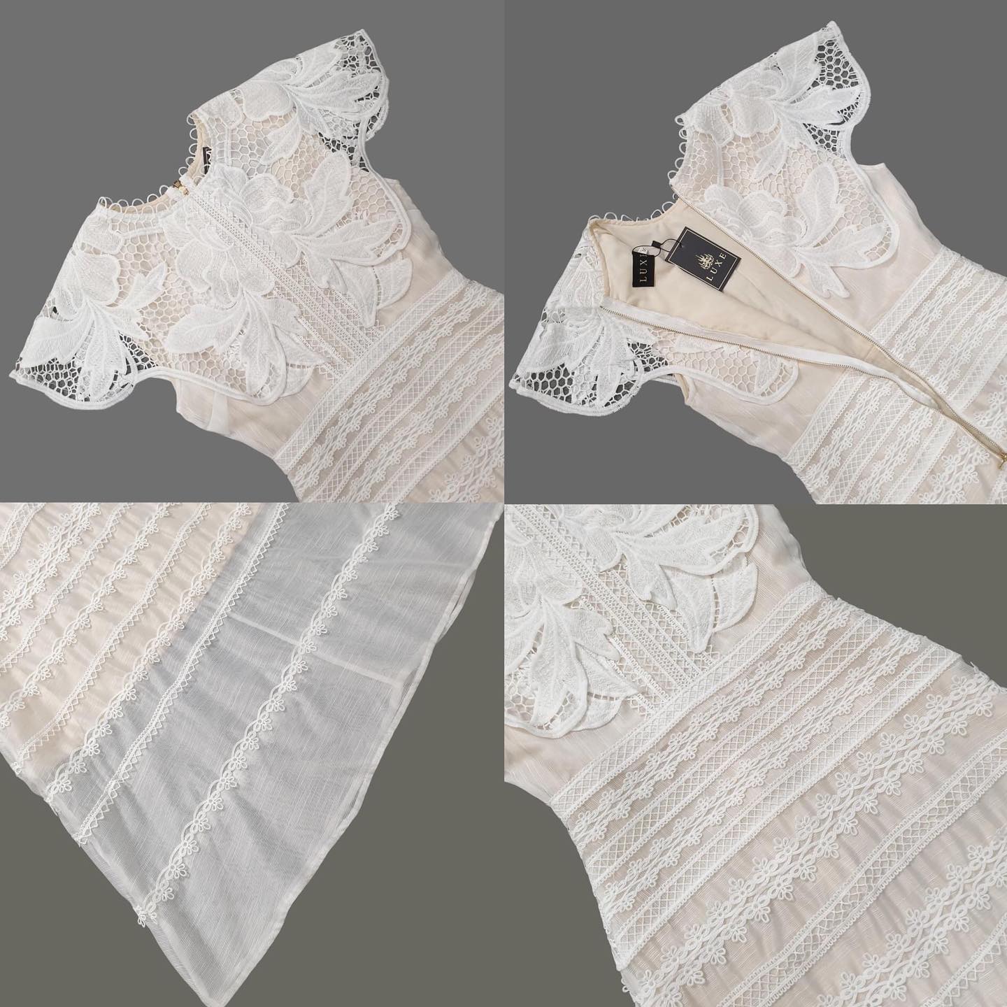 เดรสเสื้อคอกลมแต่งลูกไม้ฉลุปิดปิดหัวแขน กระโปรงบานทรงเอ สินค้าคุณภาพ (พร้อมส่ง)