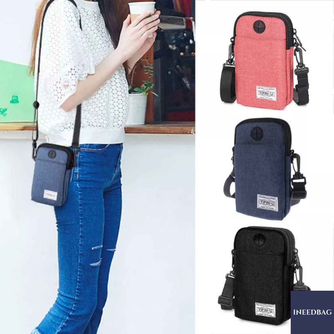 กระเป๋าสะพายคาดลำตัว กระเป๋าสะพายไหล่ กระเป๋าใส่โทรศัพท์มือถือ สายยาวปรับระดับ-ถอดจากตัวกระเป๋าได้ กระเป๋าเกี่ยวกับเข็มขัดได้ มี 3 สีให้เลือก