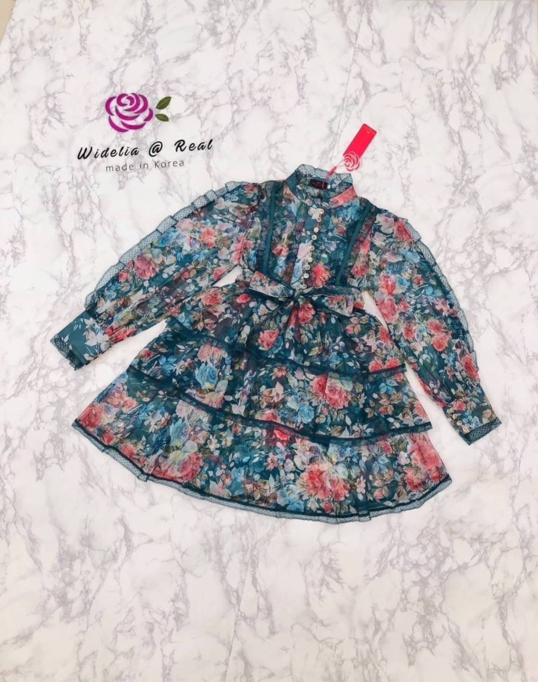 Dress เดรสแขนยาวสุดหรู งานเกรดพรีเมี่ยม เนื้อผ้าชิลค์ลายดอกไม้ ผ้าพริ้วใส่สบาย สินค้าคุณภาพ (พร้อมส่ง)