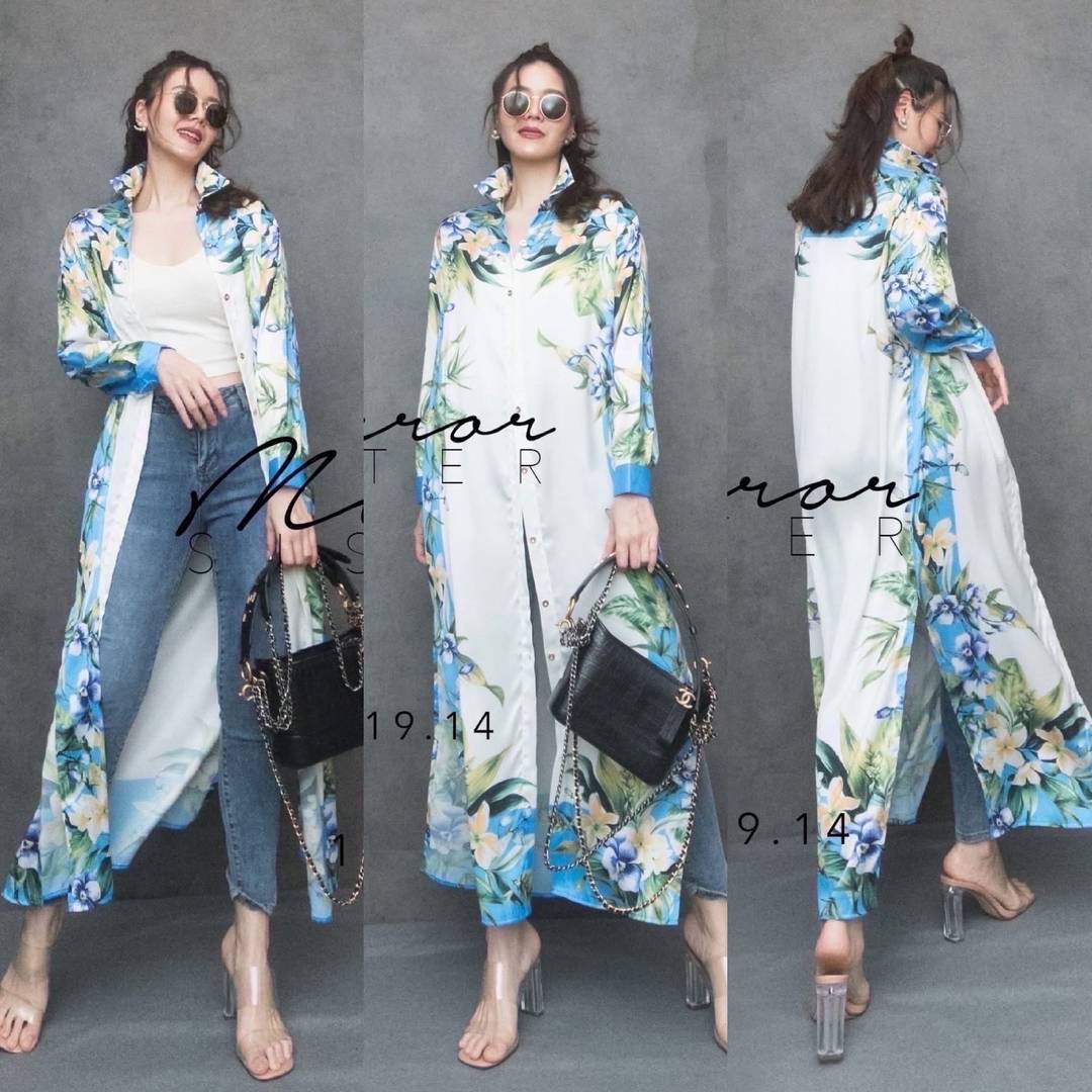 เดรสเชิ้ตสกรีนลายดอกแขนยาว ปลายแขนตัดต่อสีพื้น กระดุมทองผ่ากลางตลอดลำตัว ทรง Basic ลายดอกดูลุคแพง หรู เนื้อผ้าพริ้ว ใส่สบาย : สินค้าคุณภาพ (พร้อมส่ง)