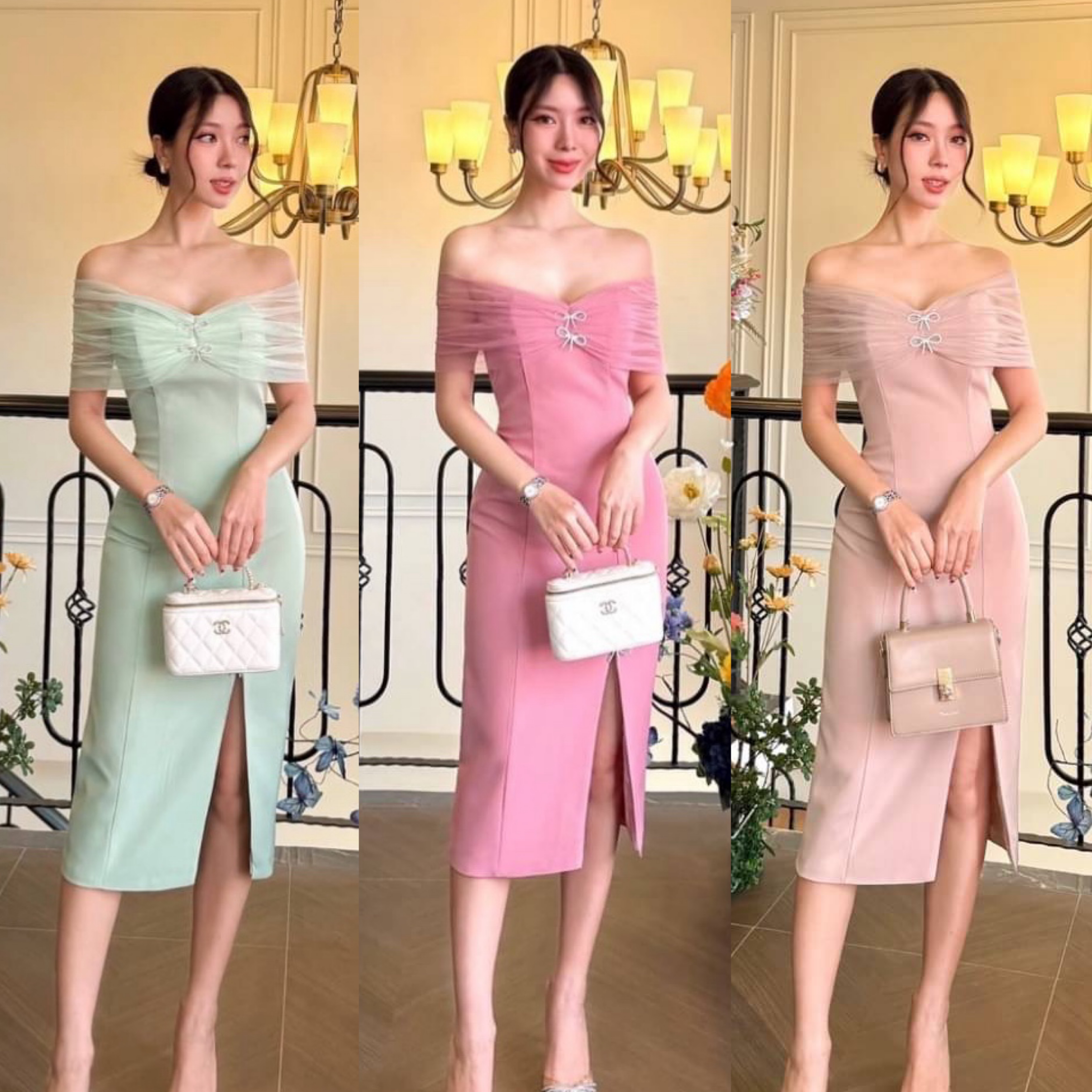 เดรสทรงพอดีตัว เปิดไหล่ แต่งผ้าซีทรูรั้งแขนแต่งโบว์เพชร น่ารักมากก กระโปรงผ่าข้าง ใส่สวยดูดี ใส่สบาย : สินค้าคุณภาพ (พร้อมส่ง)