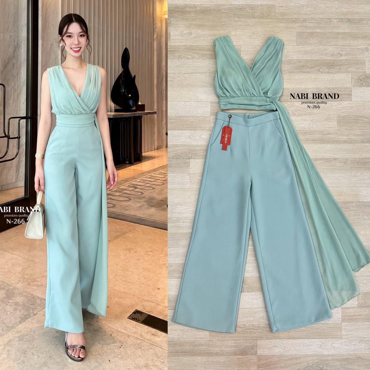 ชุดเซทเสื้อแขนกุดชีฟองสีเขียวมิ้น ดีเทลผ้า2ชั้น แต่งผ้าพริ้วยาวด้านข้าง มีฟองน้ำ มาพร้อมกับกางเกงขายาวทรงกระบอกใหญ่ เข้าเซท สินค้าคุณภาพ (พร้อมส่ง)