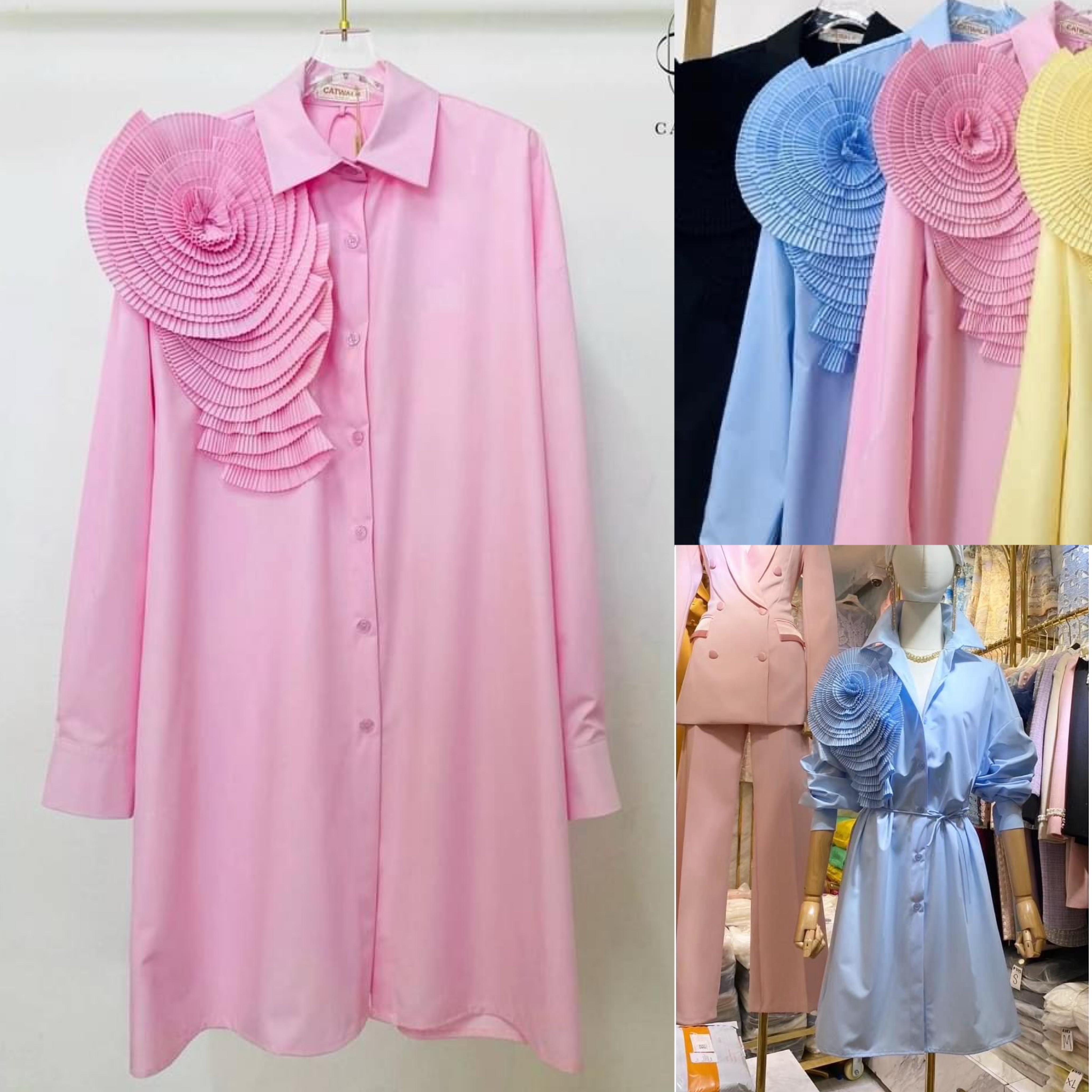 เดรสเชิ้ตแต่งดอกไม้อัดพลีท เนื้อผ้าเกรดเอ สินค้าคุณภาพ (พร้อมส่ง)