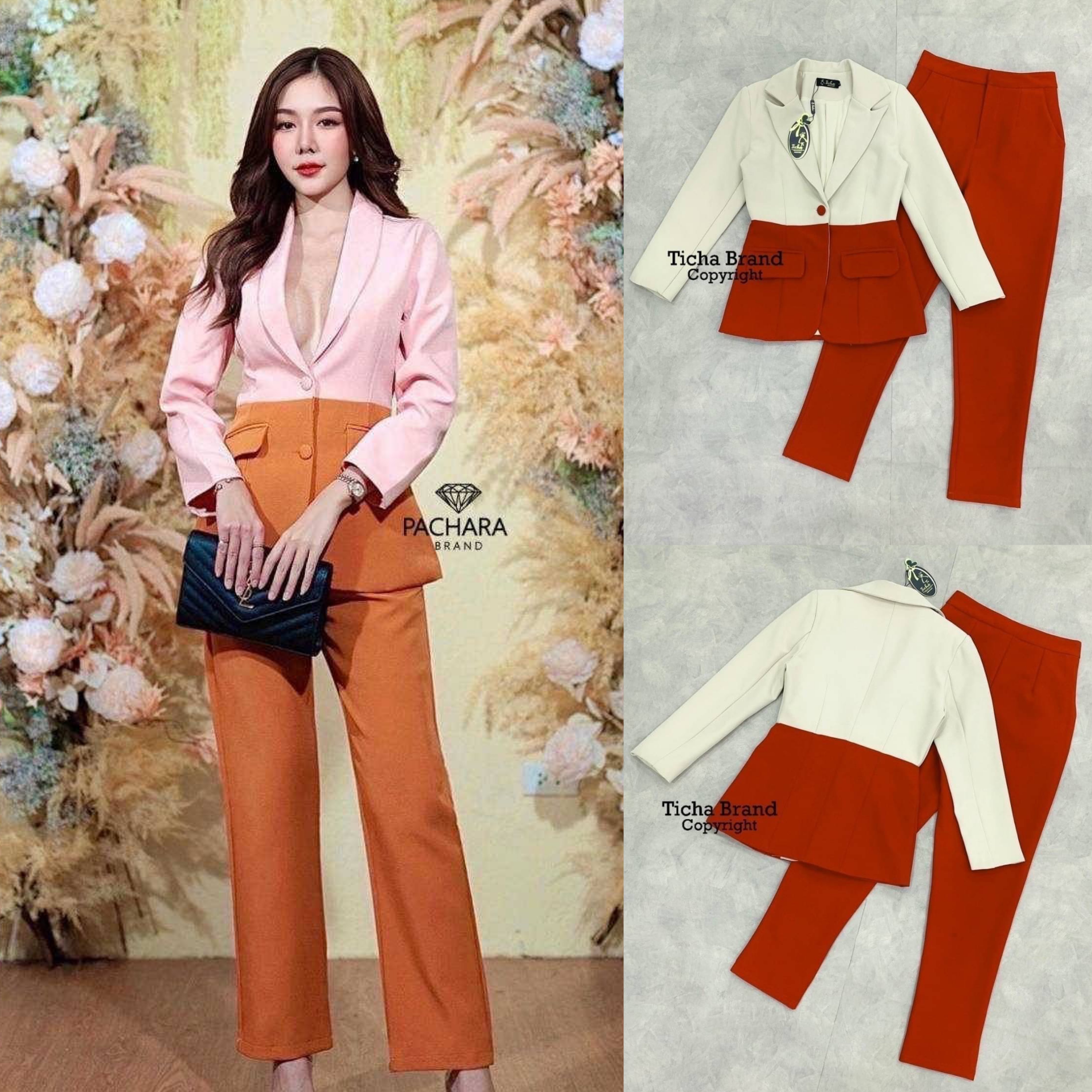 เซ็ต 2 ชิ้น เสื้อสูทแขนยาวสีชมพูนู้ด แต่งกระเป๋าด้านหน้า ชายเสื้อตัดต่อผ้าสีอิฐสวยมาก แมทช์คู่กับกางเกงขายาวเอวสูง สินค้าคุณภาพ (พร้อมส่ง)