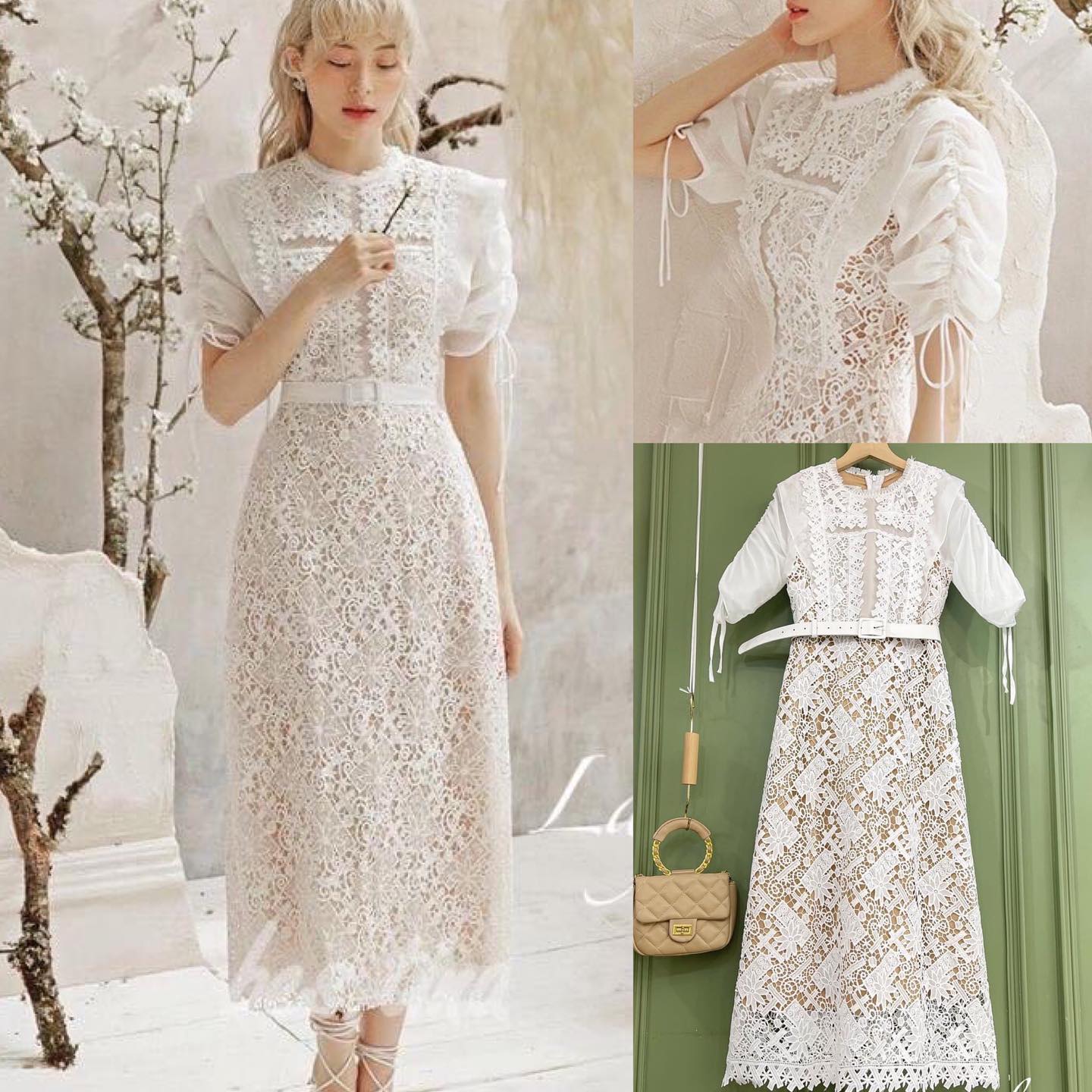 เดรสลูกไม้ซากุระสีขาวบริสุทธิ์ ดีเทลสวย ช่วงแขนเป็นชีฟองรูดผูกโบว์ ช่วงอกแต่งแถบลูกไม้วางลายสวยๆ ทรงเข้ารูป มาพร้อมเข็มขัดเข้าชุด งานสวยมากกกก ต้องจัดแล้วว สินค้าคุณภาพ (พร้อมส่ง)