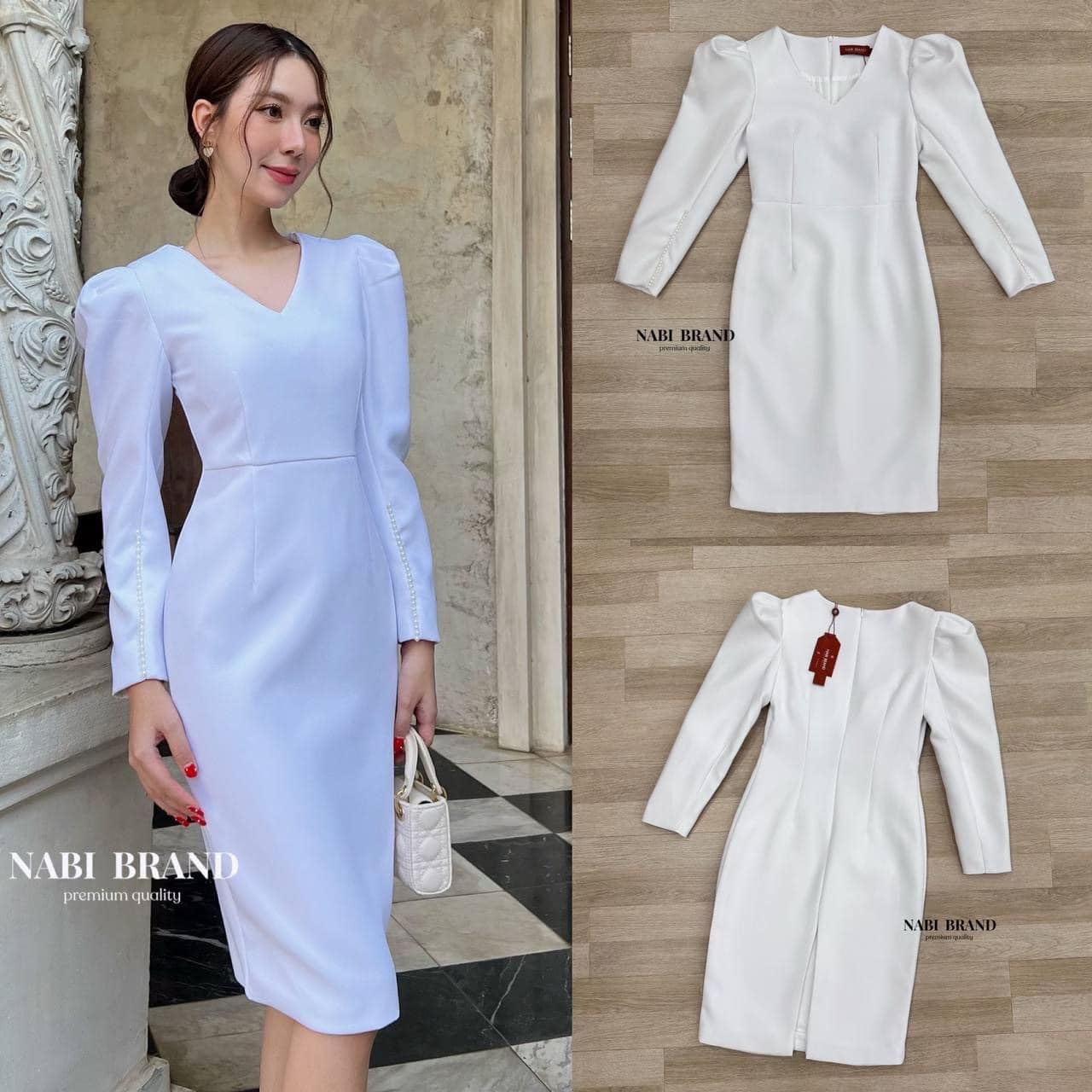 เดรสสีขาวแขนยาวคอวี ปลายแขนแต่ง ด้วยไข่มุกผ่าหลังเล็กน้อยใส่สบาย สินค้าคุณภาพ (พร้อมส่ง)