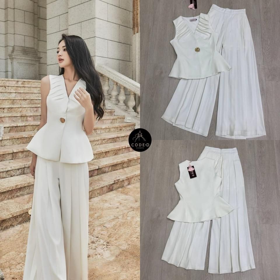 Set 2 ชิ้น สีครีม เสื้อแขนกุด ดีเทลเย็บจับจีบช่วงไหล่ มีเข็มกลัดอะไหล่ทอง +กางเกงขายาวเอวสูงทรงกระบอก ใส่สบาย สินค้าคุณภาพ (พร้อมส่ง)