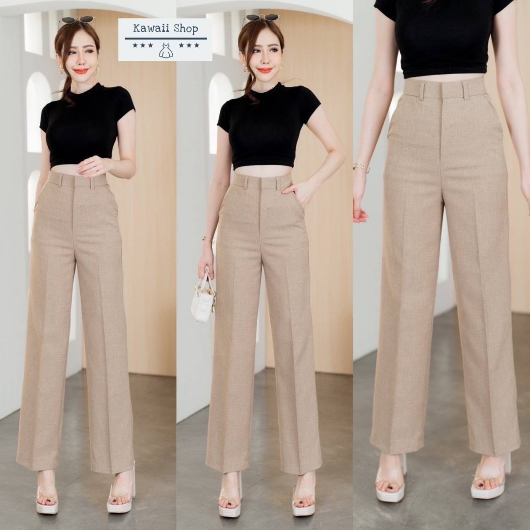 กางเกง*ขากระบอกกลาง ติดตะขอซิปหน้า มีกระเป๋าข้าง ผ้าโซดา ใส่สบาย : สินค้าคุณภาพ (พร้อมส่ง)