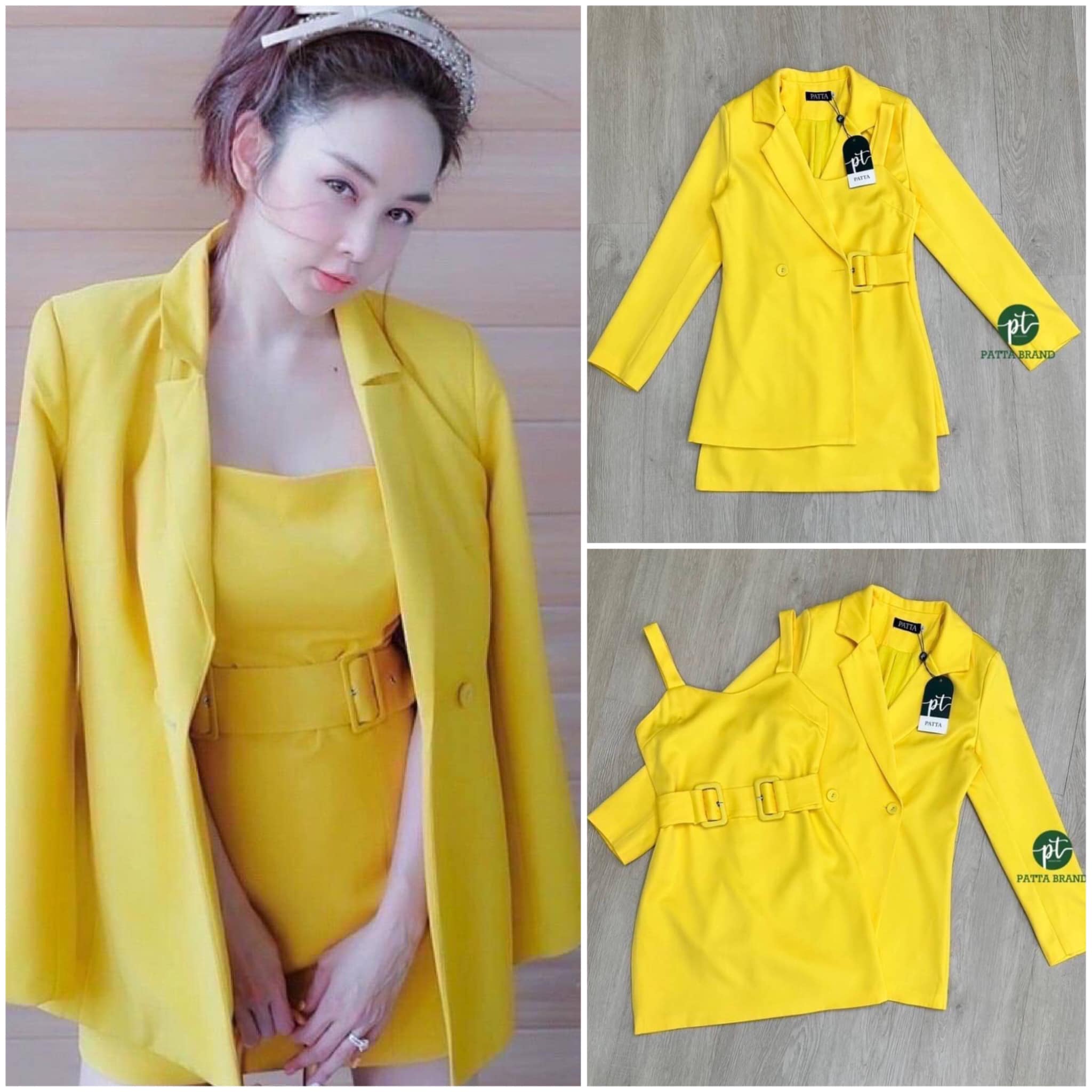 ชุดset3ชิ้น เสื้อคลุมสูทแขนยาว ด้านหน้าแต่งกระดุม มาพร้อม เดรสสายเดียวตัวใน งานมีซิปหลัง สวมใส่สบาย มีเข็มขัดปรับระดับได้ สินค้าคุณภาพ (พร้อมส่ง)