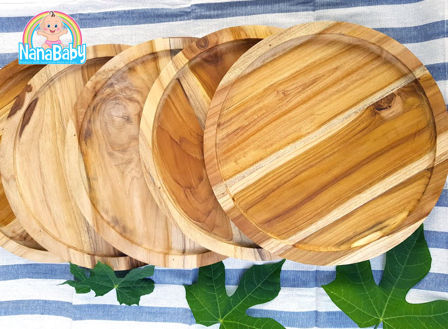 จานไม้กลม จานถาดไม้ จากไม้สักแท้ Food Grade Wood Plate by NanaBaby
