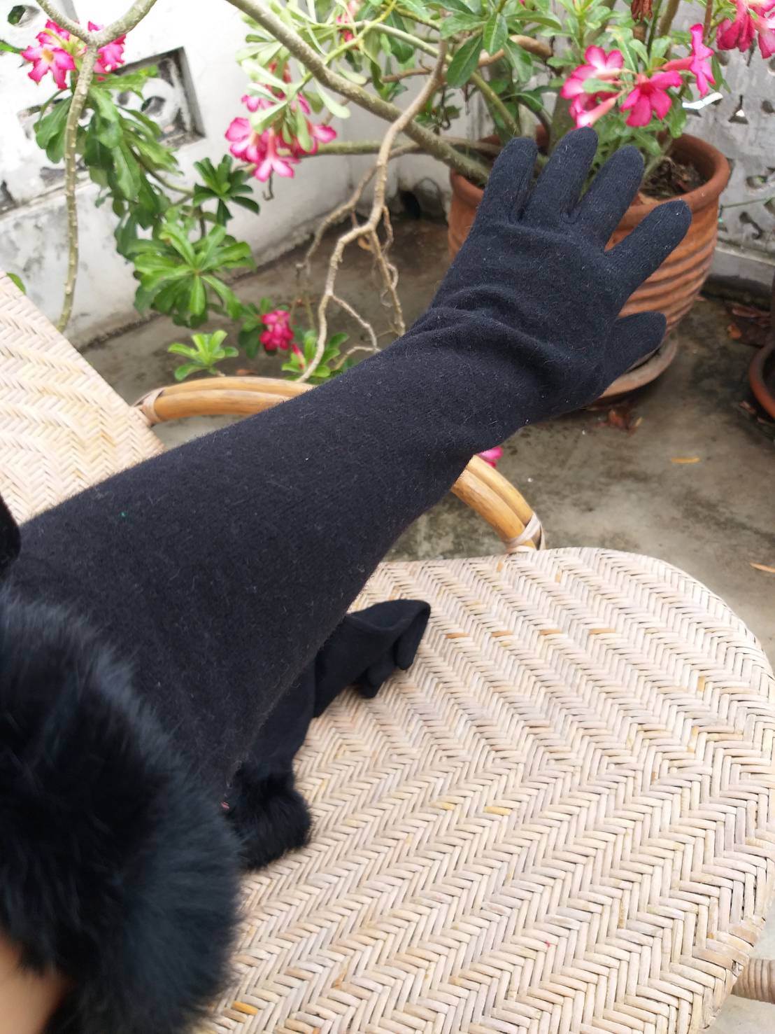 ถุงมือผ้าขนสัตว์แบบยาว แต่งเฟอร์กระต่ายแท้ (ของใหม่)