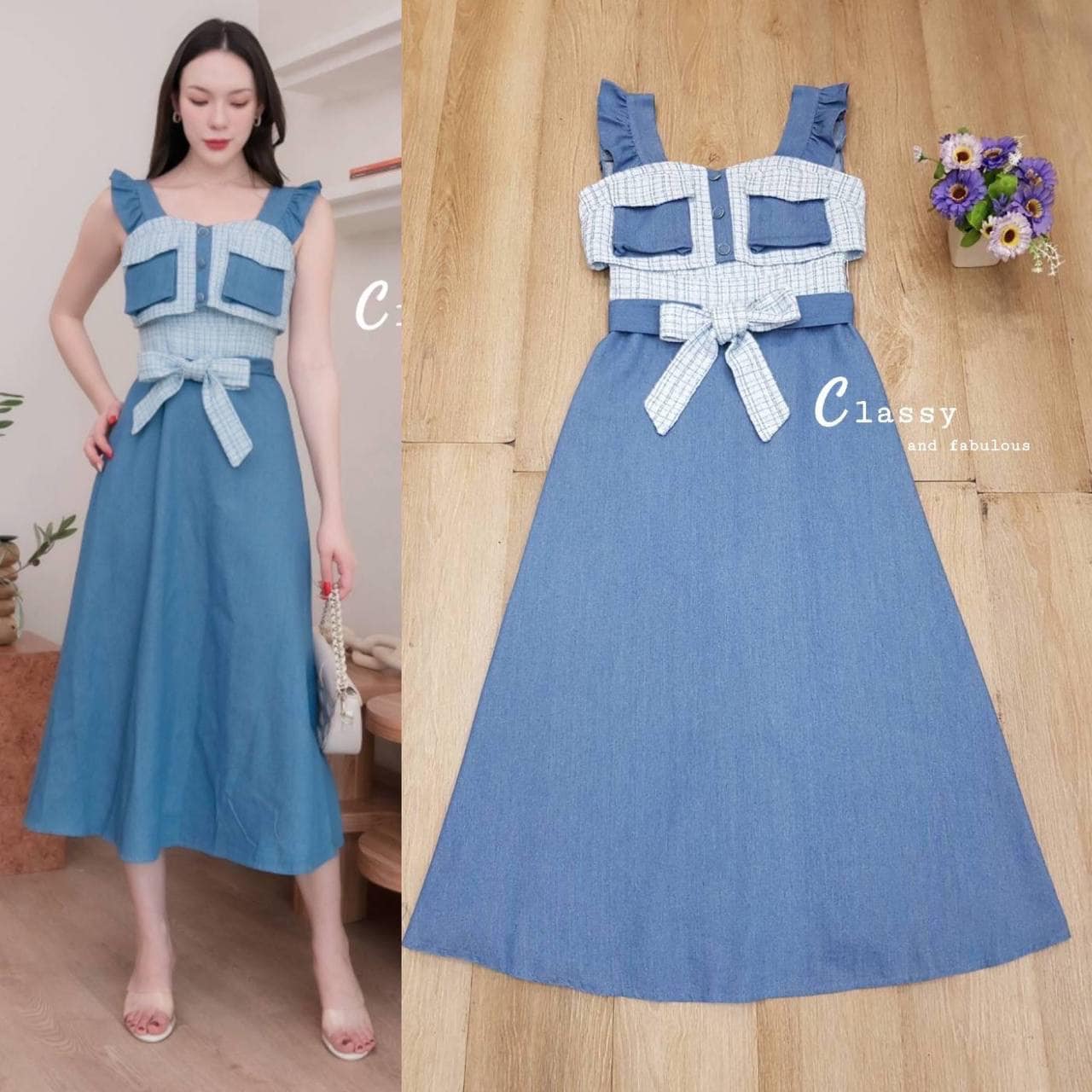 ชุดเดรสกระโปรงยีนส์ เดรสยีนส์สายเดี่ยวแต่งระบาย ตัดต่อผ้าทวิตสีฟ้าช่วงอก ใส่สบาย สินค้าคุณภาพ (พร้อมส่ง)