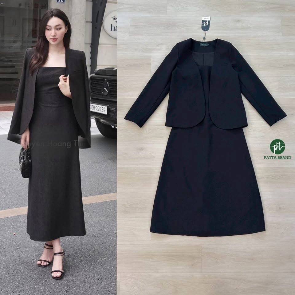 เซต2ชิ้น สีดำ เสื้อคลุมสูทแขนยาว +เดรสสายเดี่ยวยาว ใส่สบาย : สินค้าคุณภาพ (พร้อมส่ง)