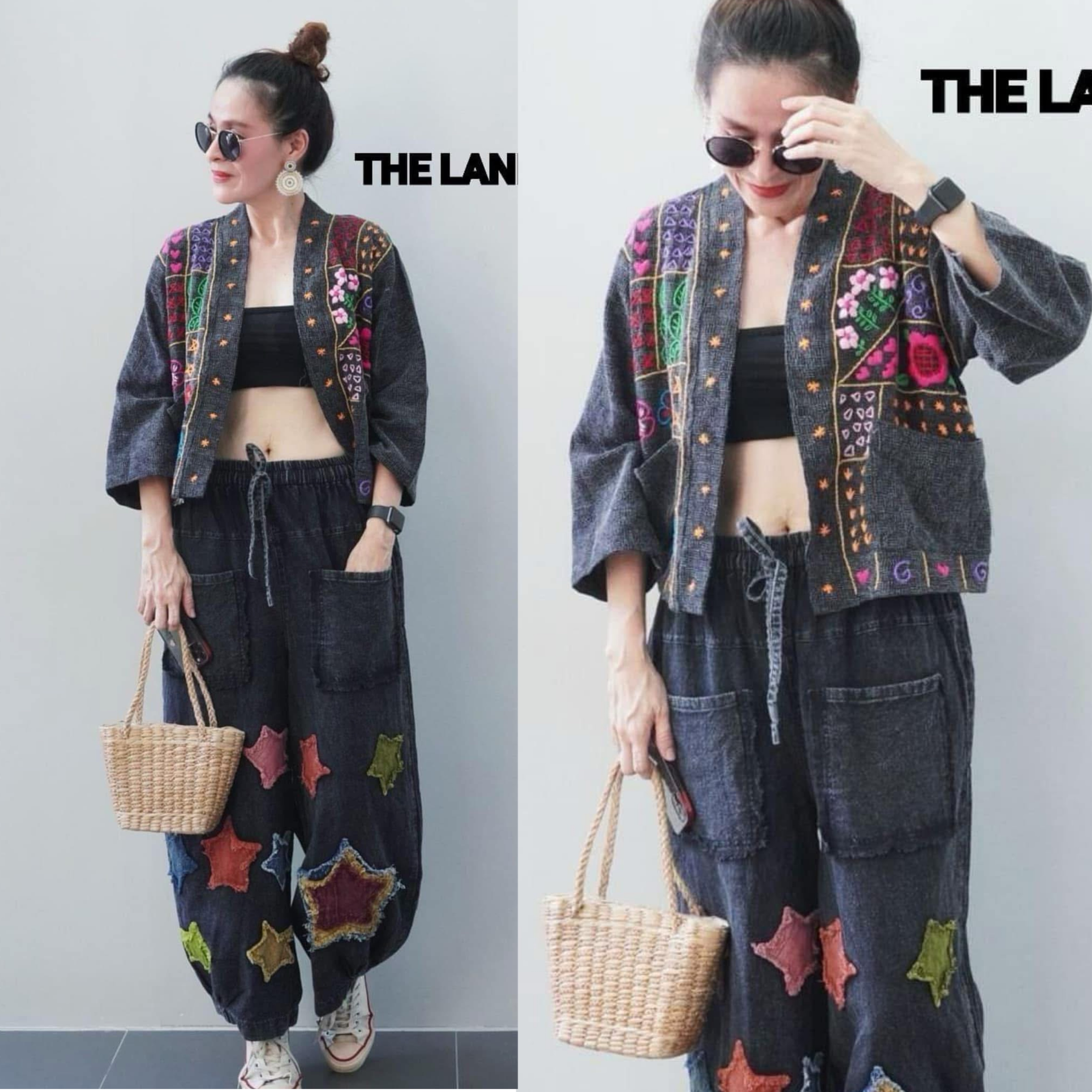 ชุดเซตสุดคิ้วท์... เสื้อคลุมผ้าเกล็ดเต่าฟอกสโตนทอลายโบราณ เสริ์ฟพร้อมลายปักจุกๆ สีสันสดใส 🌸🌼 จับคู่กับกางเกงเอวยืด ปลายขาเป็นงาน Craft ปะแต่งลายดาว ใส่สบาย : สินค้าคุณภาพ (พร้อมส่ง)