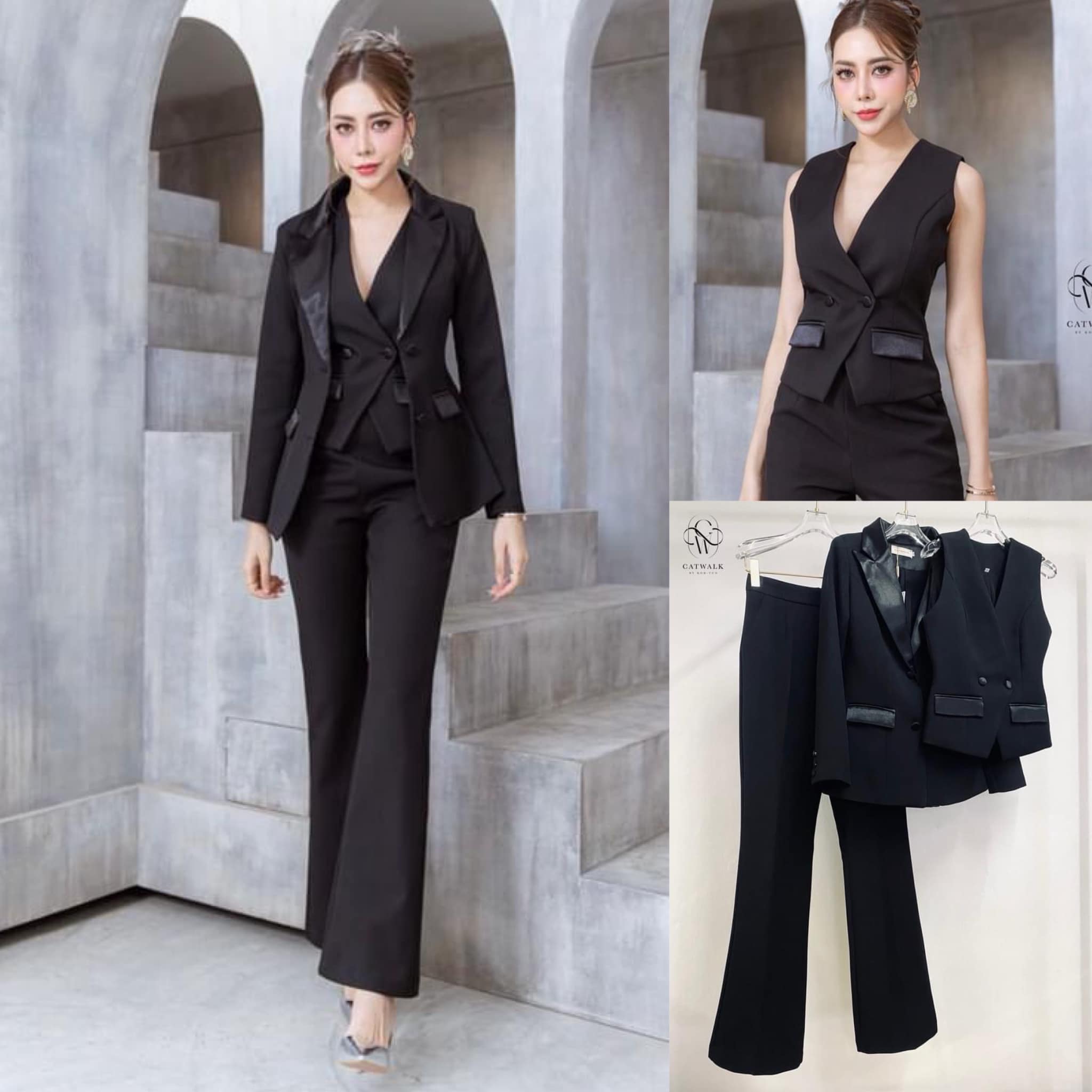 เซตBLAZER 3 ชิ้น เสื้อกั๊กครอปแขนกุด ทรงเข้ารูปคอวี ตัวBLAZERแล้วดูเท่ห์ มาก +กางเกงทรงขาขาม้า ใส่สบาย สินค้าคุณภาพ (พร้อมส่ง)