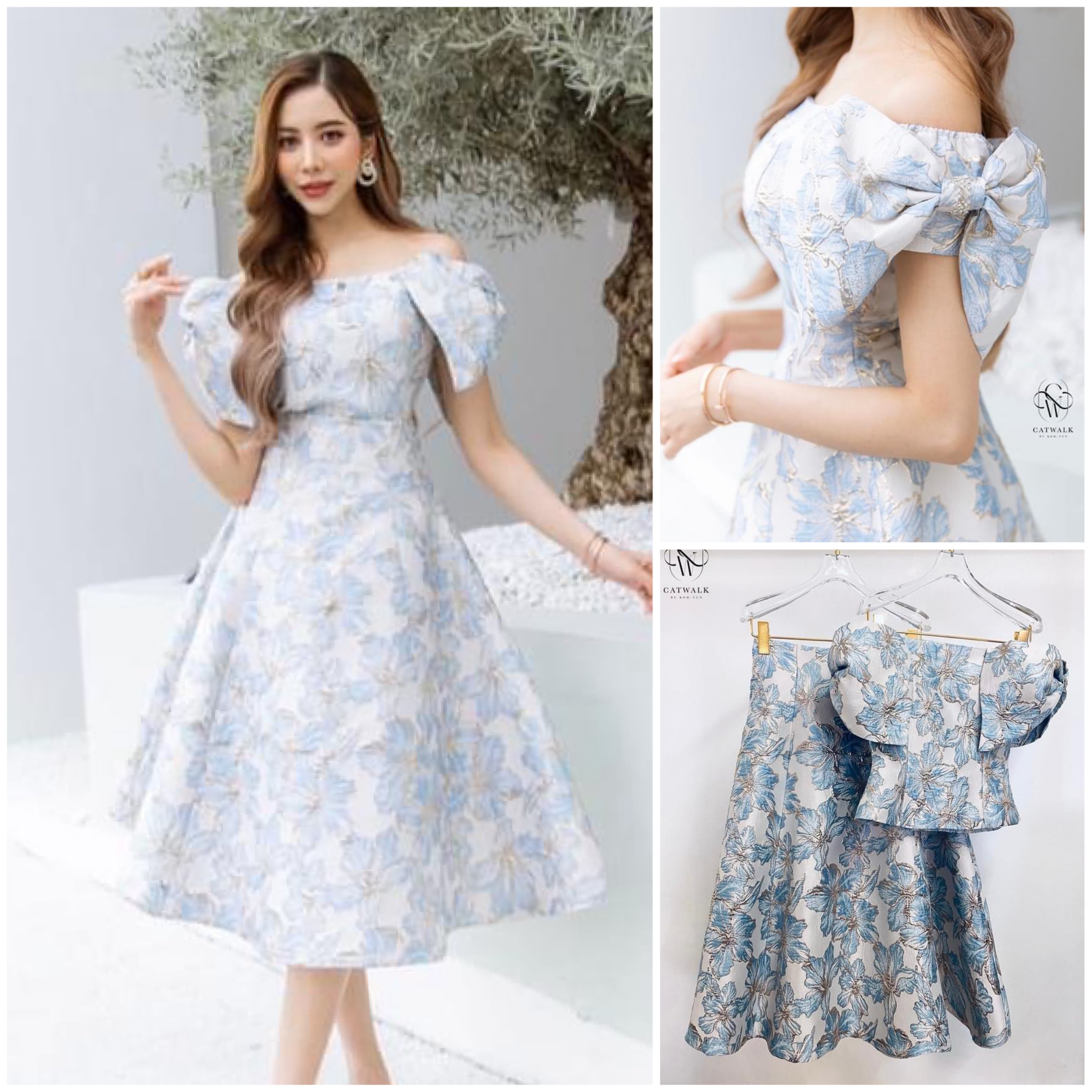 เซตผ้าทอ ลายเสื้อปาดไหล่โบว์ไหล่+กระโปรงทรงย้วย เนื้อผ้าเกรดเอ ผ้าสวยมาก ใส่สบาย สินค้าคุณภาพ (พร้อมส่ง)