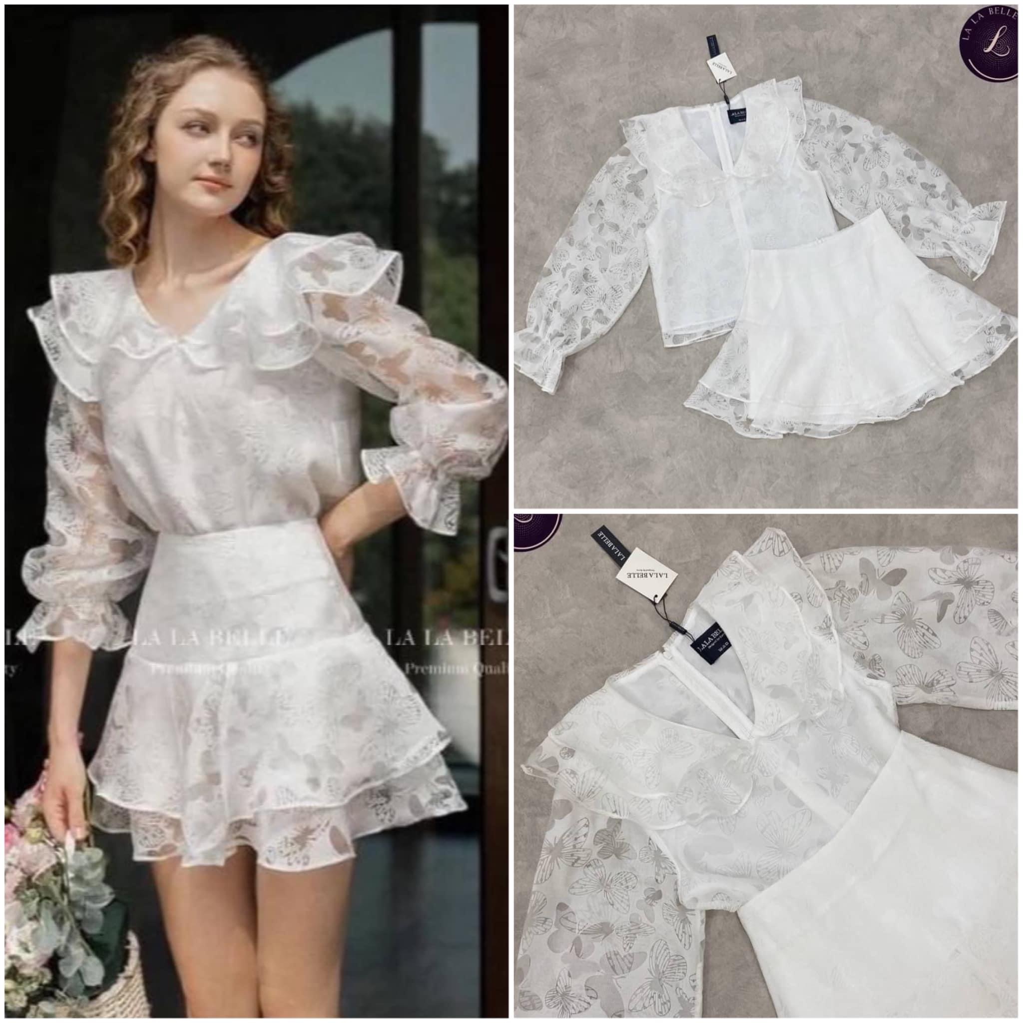 ตน้องผีเสื้อ2ชิ้นเนื้อผ้าดี มีลายผีเสื้อในตัว เสื้อคอวีปกระบาย หยัก2ชั้นแขนยาวซีทูปลายแขนจั้ม จับจีบตัวเสื้อมีซับในสีขาวซิปหลัง ใส่คู่กับกระโปรงระบาย2ชั้นมีซับ ในเป็นกางเกงขาสั้น สินค้าคุณภาพ (พร้อมส่ง)