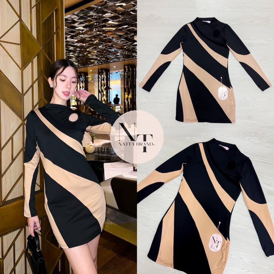 ชุดเดรสสีดำแขนยาวแต่งผ้าสลับสีครีมเข้ม มีดีเทลเว้าช่วงบนอก ผ้านิ่มใส่สบายไม่ร้อน มีซับในให้อย่างดี ใส่สบาย : สินค้าคุณภาพ (พร้อมส่ง)