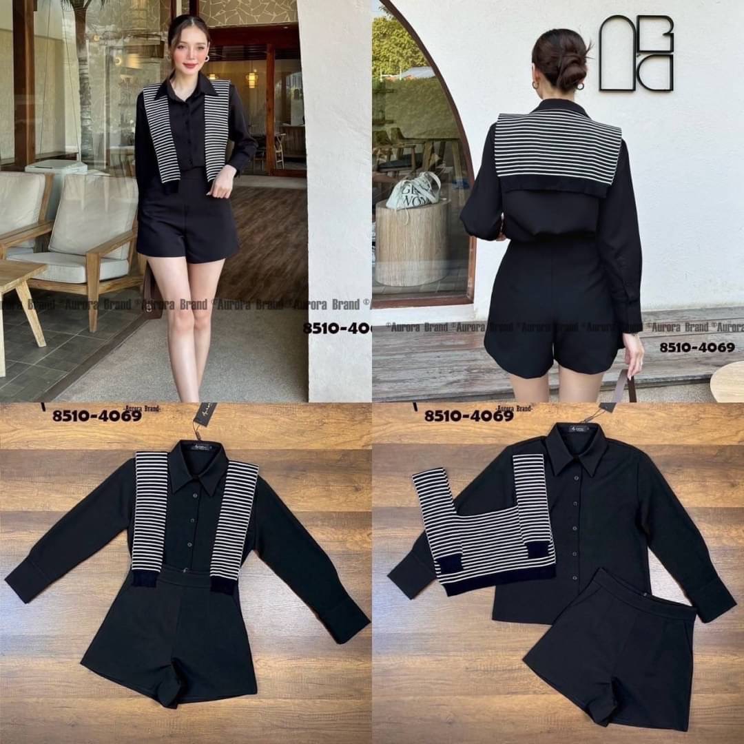 Set 3ชิ้น เสื้อคอปกโทนสีดำเรียบหรู งานมีเทคเจอร์ในตัว ด้านหน้ามีกระดุมใช้งานได้จริง + ผ้าคลุมนิตติ้ง+ กางเกงขาสั้น ใส่สบาย : สินค้าคุณภาพ (พร้อมส่ง)
