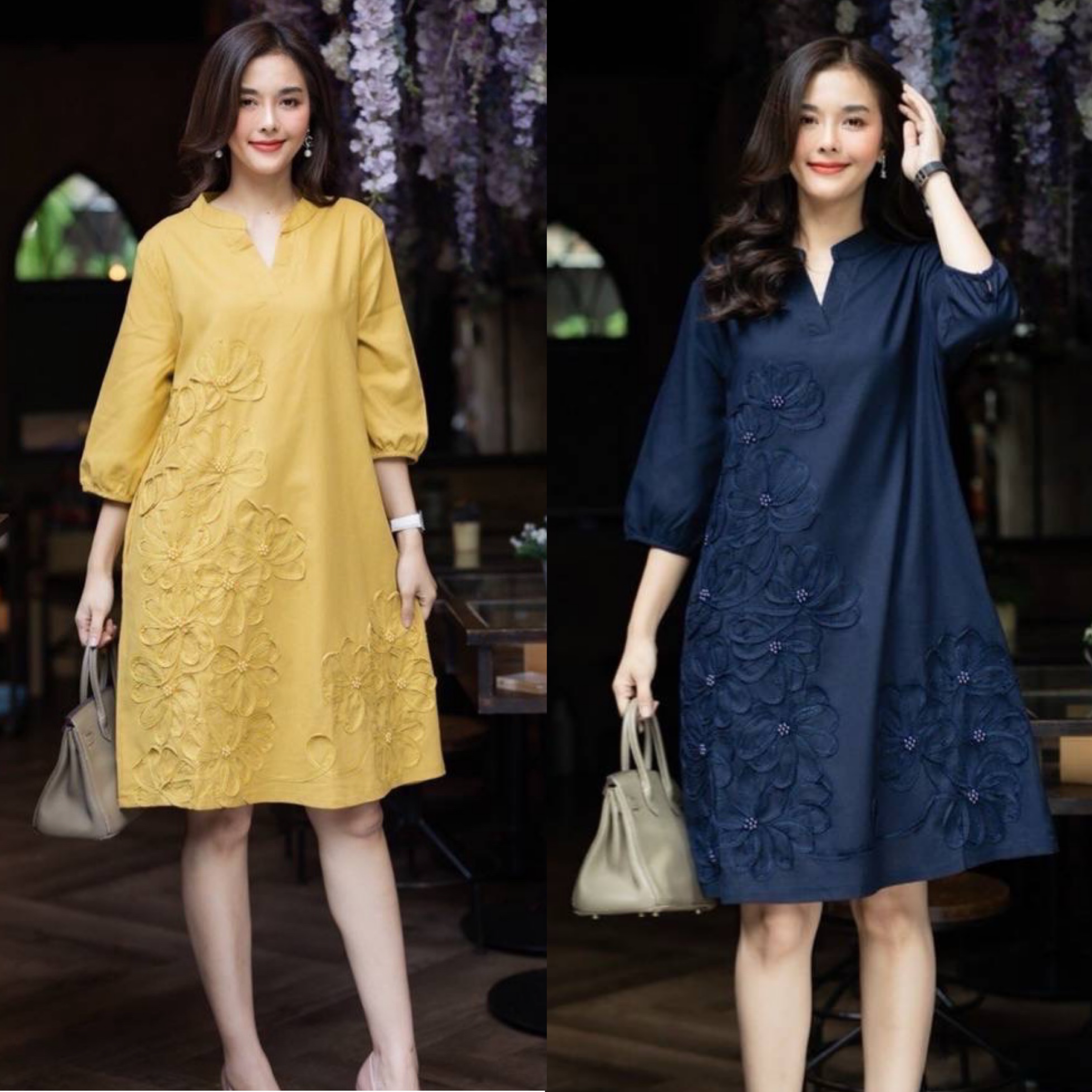 เดรสผ้าฝ้ายลินินเกาหลีทรงเอ มีกระเป๋าซ่อน แต่งด้วยผ้าชิ้นจับวางให้เป็นลวดลายดอกไม้ ตอกมุกสีเดียวกับชุดลงไป ใส่สบาย : สินค้าคุณภาพ (พร้อมส่ง)