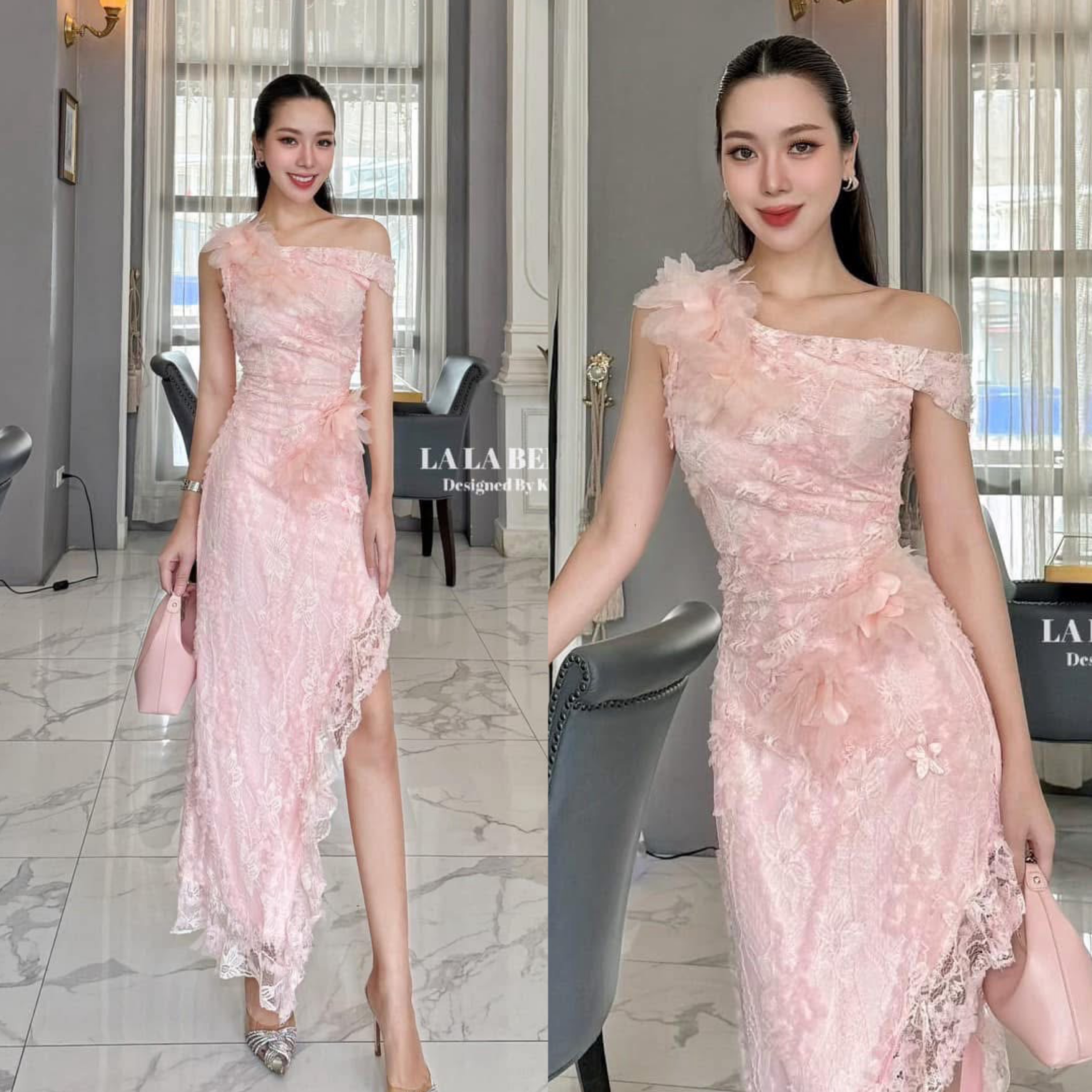 แม็กซี่เดรสลูกไม้คอปาดไหล่1ข้างเอวเข้ารูปเย็บจีบเข้าทรงช่วงเอวกระโปรงยางผ่าข้างยาวเฉียงแต่งดอไม้สามมิติ ใส่สบาย : สินค้าคุณภาพ (พร้อมส่ง)