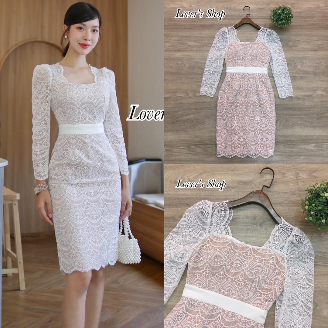 เดรสลูกไม้แขนยาว ทรงสอบเข้ารูป ลุคเรียบหรูดูผู้ดี ผ้าลูกไม้ทออย่างดี สินค้าคุณภาพ (พร้อมส่ง)