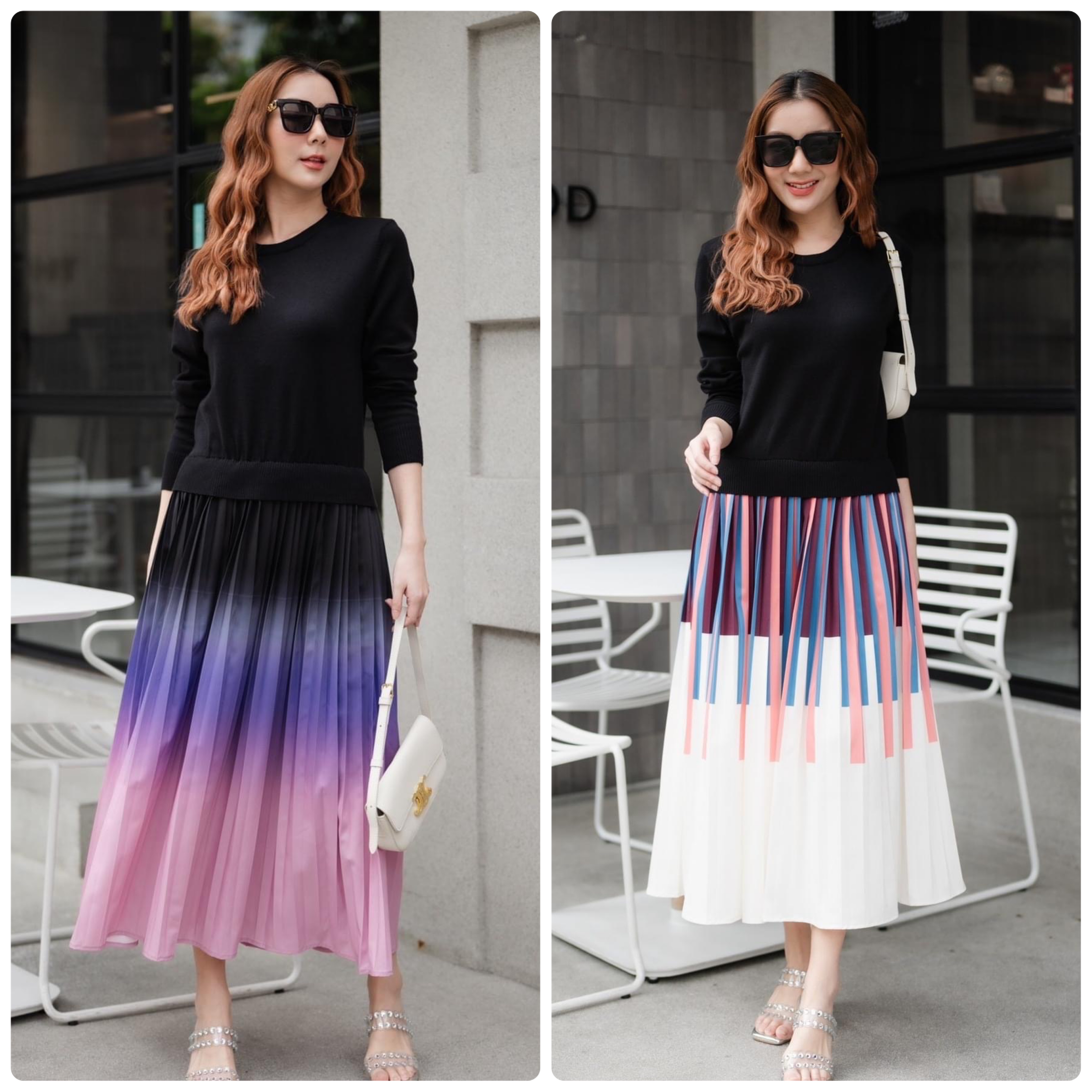 เดรสไหมพรมแขนยาวผ้านุ่มงานทอแน่นเนื้อดี เย็บต่อกระโปรงผ้าลื่นเนื้อดี พิมพ์ลายสลับสีแต่งอัดพลีท งานสวยใส่สวยดูดี ใส่สบาย . สินค้าคุณภาพ (พร้อมส่ง)