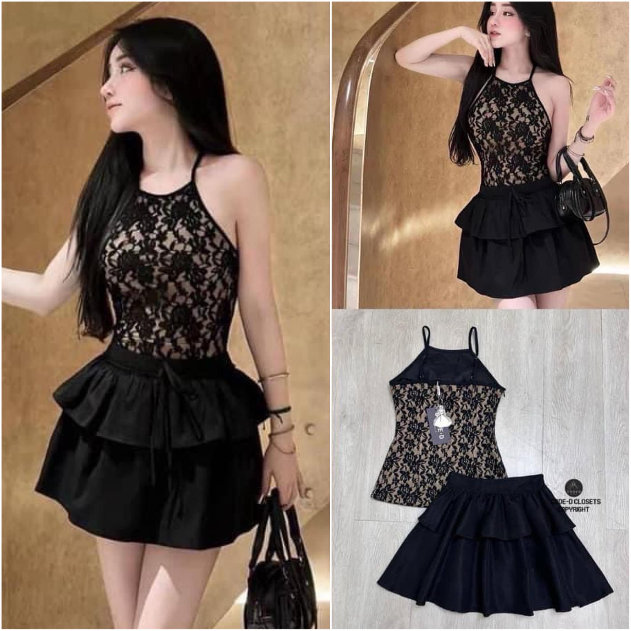 เซต2ชิ้น สีดำ เสื้อลายเดี่ยวลูกไม้ ลายกุหลาบ ทรงเข้ารูปสวย (อกเสริมฟองน้ำ มีซิปข้าง) มาคู่กับกระโปรงสั้นระบาย 2 ชั้น : สินค้าคุณภาพ (พร้อมส่ง)