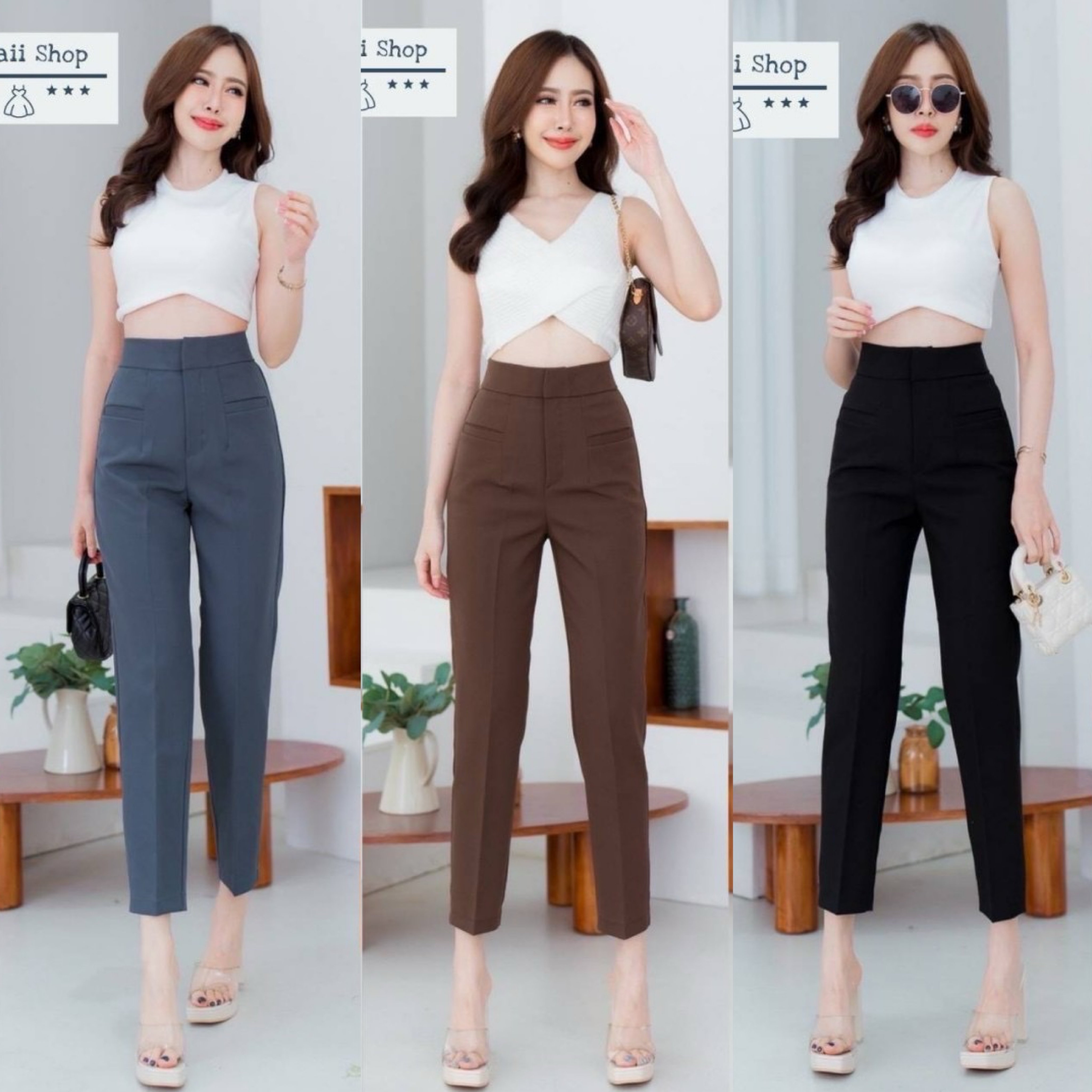 กางเกง9ส่วน ทรงขากระบอกเล็ก ดีเทลกระเป๋าเจาะ ติดตะขอ ซิปหน้า ผ้าไมโคร ใส่สบาย : สินค้าคุณภาพ (พร้อมส่ง)