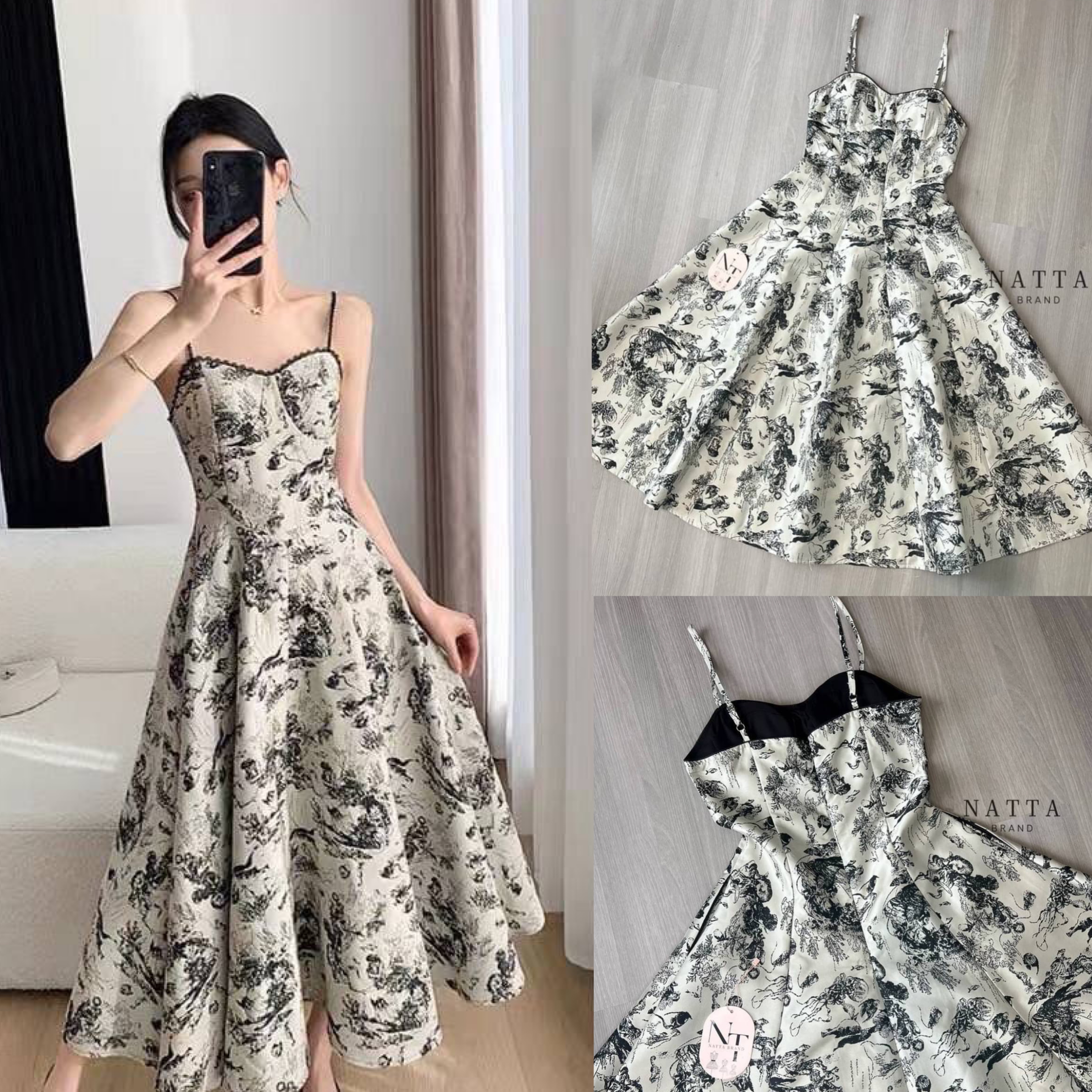 ชุดเดรสยาว งานผ้าทอลายสีดำอย่างดี สายสามารถปรับความยาวได้ เสริมฟองน้ำเพิ่มความเป็นทรงสวย ใส่สบาย สินค้าคุณภาพ (พร้อมส่ง)