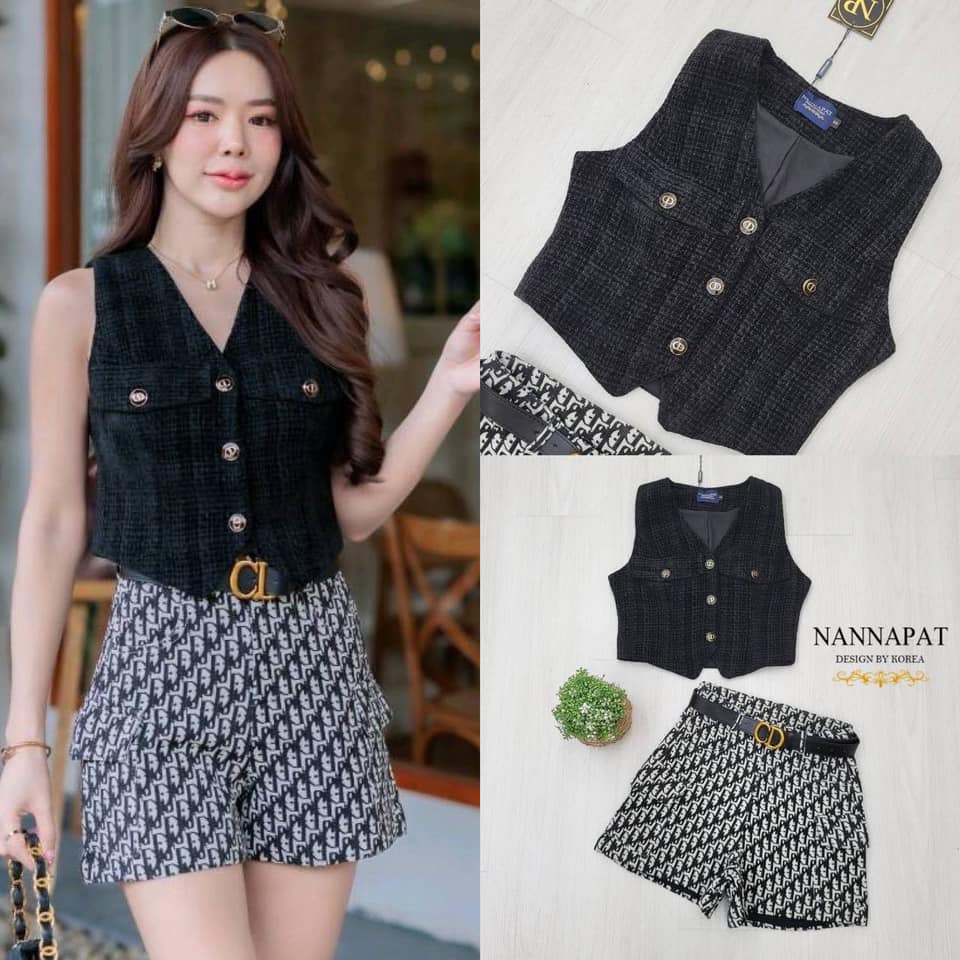 เซ็ท 3 ชิ้น เสื้อแขนกุด+ กางเกงขาสั้น+ เข็มขัด เรียบหรูดูดี ใส่สบาย สินค้าคุณภาพ (พร้อมส่ง)