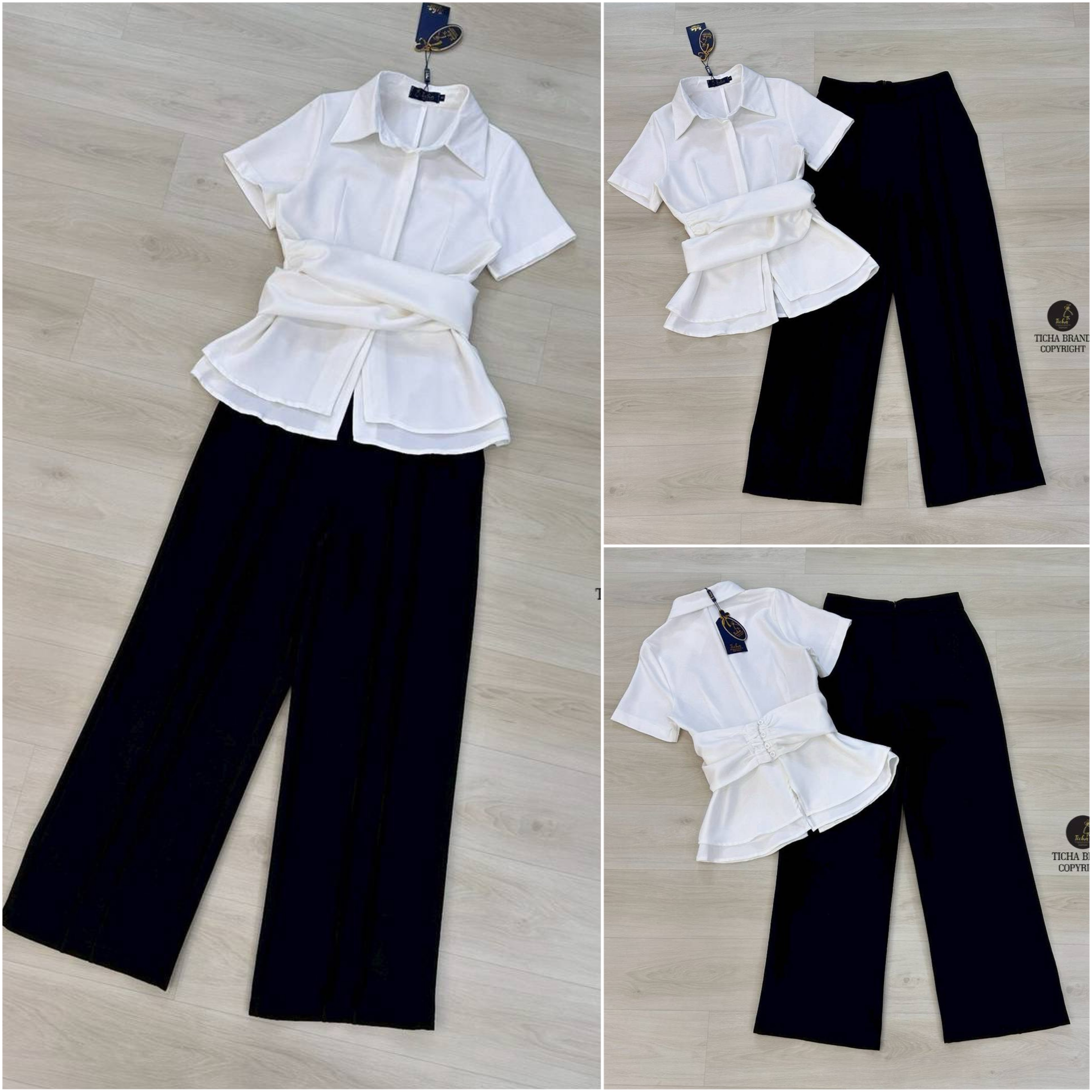 Set 2 ชิ้น เสื้อเชิ้ตขาวแขนสั้นมีกระดุมหน้าดีเทลเย็บติดสายคาดเอวบิดเกี่ยว (มีกระดุมเกี่ยว) ชายเสื้อแต่ง2ชั้นผ่าหน้าเก๋ๆ มาพร้อมแมทซ์กับกางเกงขายาวทรงกระบอก สีดำ ใส่สบาย : สินค้าคุณภาพ (พร้อมส่ง)