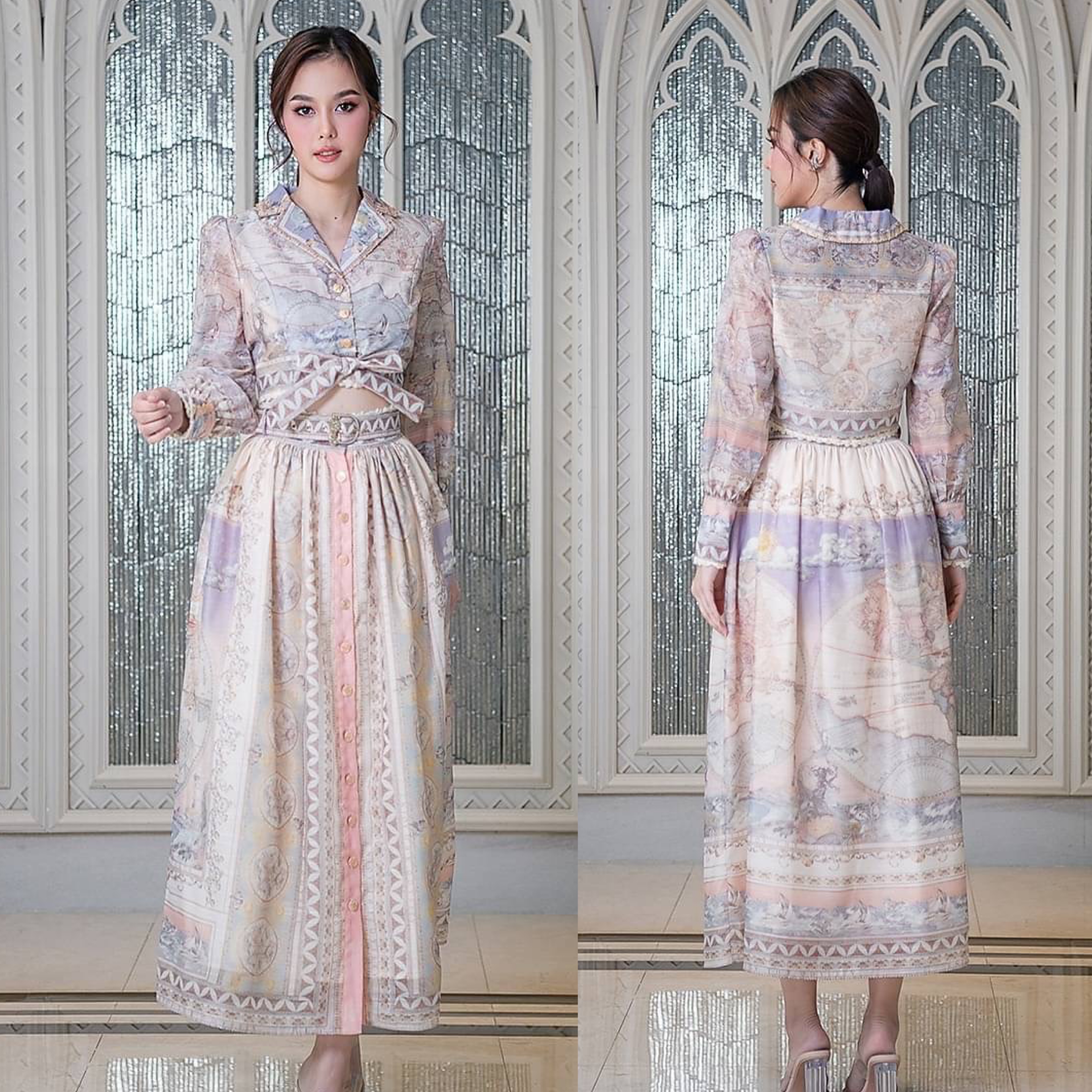 เซ็ตเสื้อเชิ้ตคร็อปเอว คอปกแขนยาวปลายแขนพอง จับคู่กับกระโปรงยาวผ่าหน้า แต่งลูแไม่ สินค้าคุณภาพ (พร้อมส่ง)