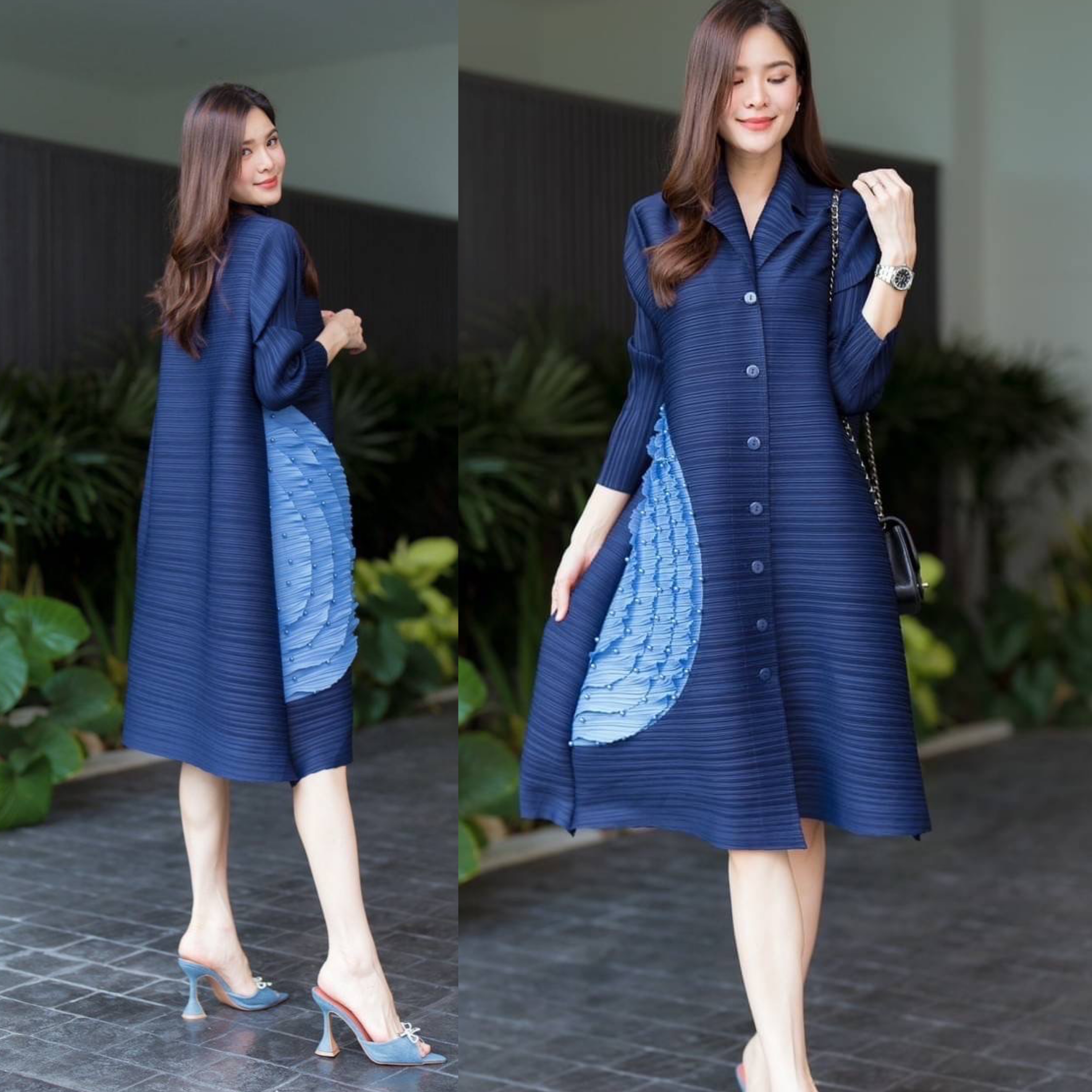 มินิเดรสอัดพลีท คอปกสูทเล็ก กระดุมหน้า แขนยาว งานสวย ระดับ Premium 👍🏻 รุ่นนี้ 😍 แต่งระบายครึ่งวงกลมด้านข้าง แถมประดับลูกปัดสีเดียวกัน 👍🏻 สินค้าคุณภาพ (พร้อมส่ง)