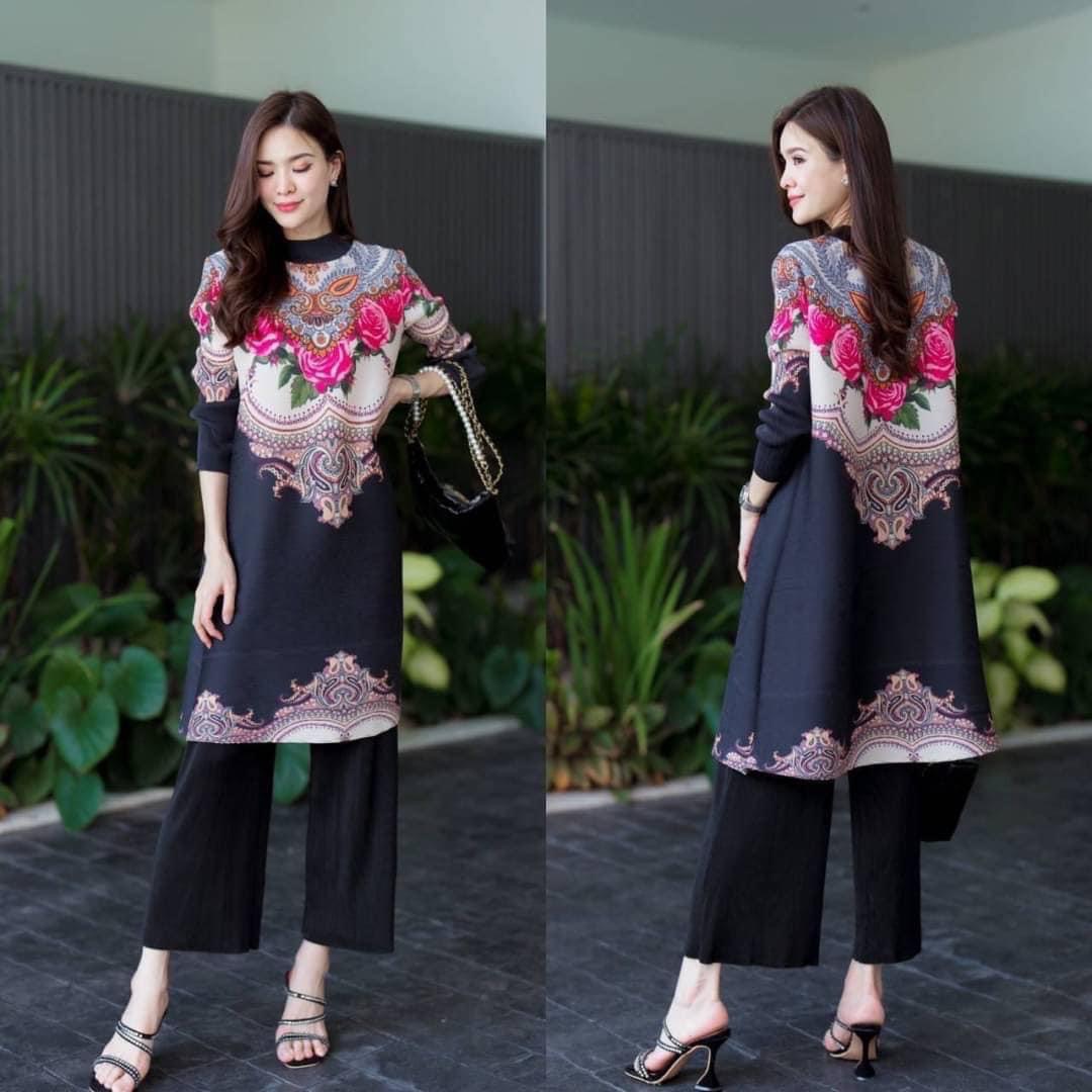 ชุดเซตผ้าอัดพลีท AA Premium เสื้อแขนยาว คอปีนตัวยาว เป็นมินิเดรส ได้ในชุดเดรส ด้วยการอัดพลีท ลวดลายดอกไม้ Classy 💐 สวยฟรุ๊งฟริ๊ง โดนใจมว้าก กางเกงเอวสมอค อัดพลีส ทรงขาบาน ทำให้ดูสูงเพรียว สินค้าคุณภาพ (พร้อมส่ง)
