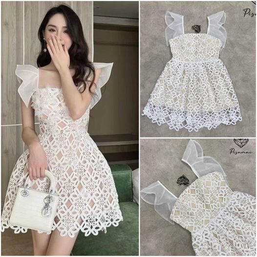 เดรสแขนกุดระบายผ้าแก้ว สีขาว แต่งลูกไม้ฉลุบุซับในสีครีม อย่างดี สินค้าคุณภาพ (พร้อมส่ง)