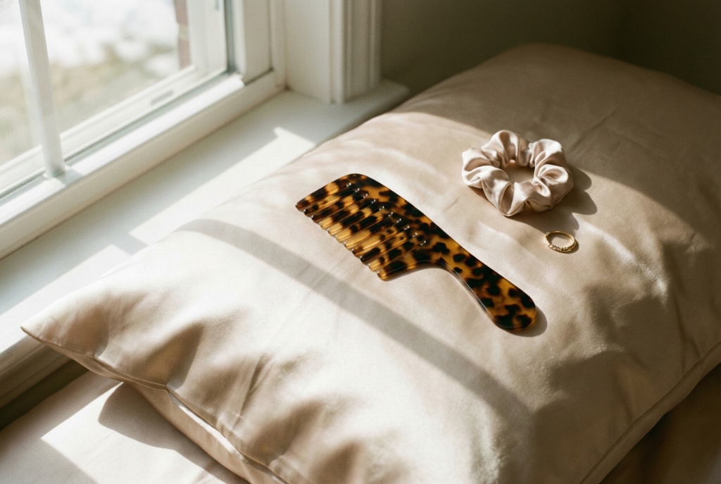 หวีซี่ห่างวางอยู่บนปลอกหมอนผ้าไหมสีชมพูอ่อน สื่อถึงการถนอมเส้นผม