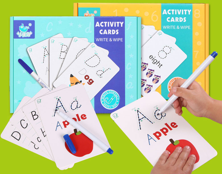การ์ดไวท์บอร์ดเขียนลบ Activity Cards Write & Wipe ฝึกเขียนตัวอักษร ABC / ตัวเลขและการบวกลบ