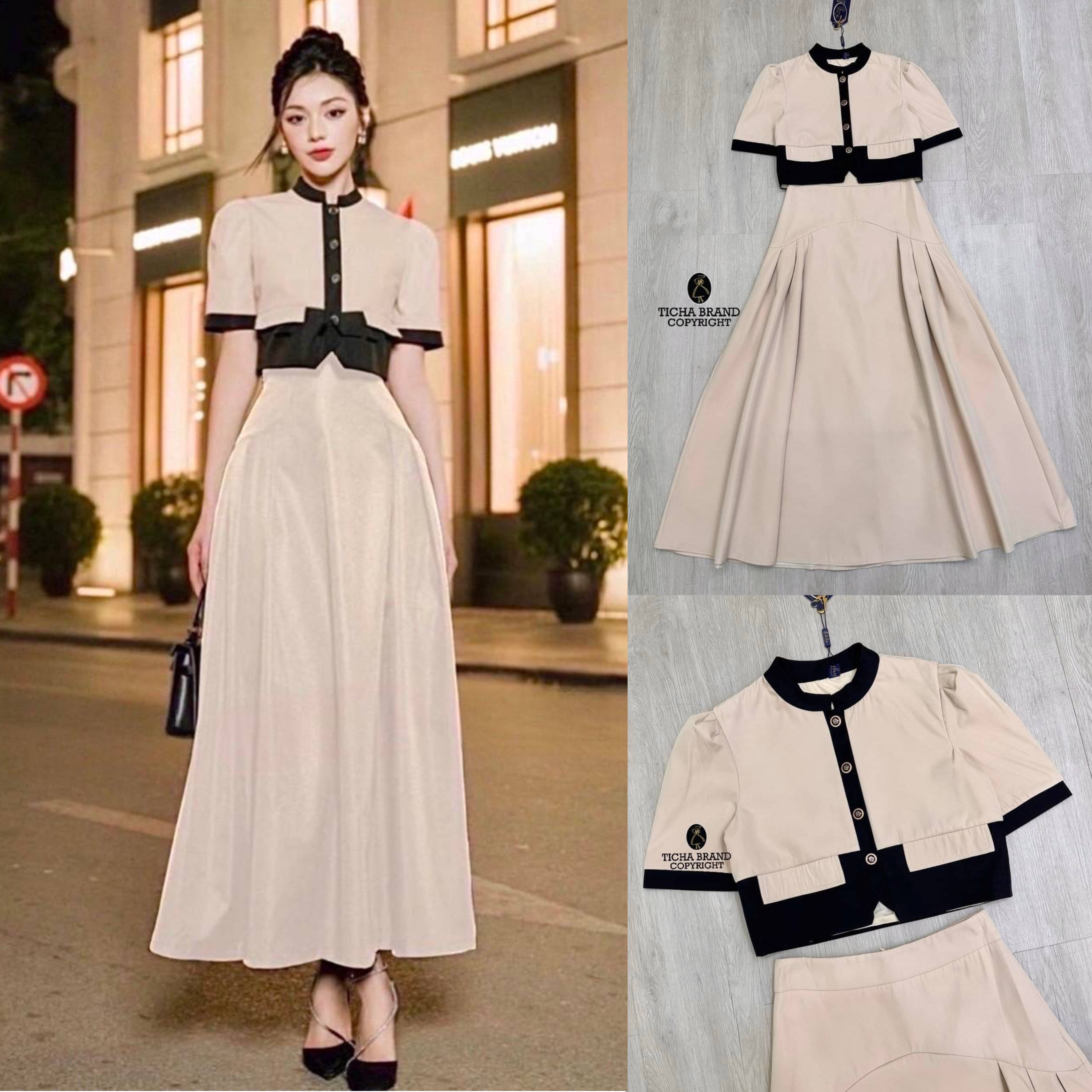 ชุดเซต2ชิ้น สีครีมเสื้อครอปคอจีนแขนสั้น มาพร้อมประโปรงยาวเอวสูง เย็บซับในอย่างดี ผ้ามีน้ำหนัก ทรงสวย สินค้าคุณภาพ (พร้อมส่ง)