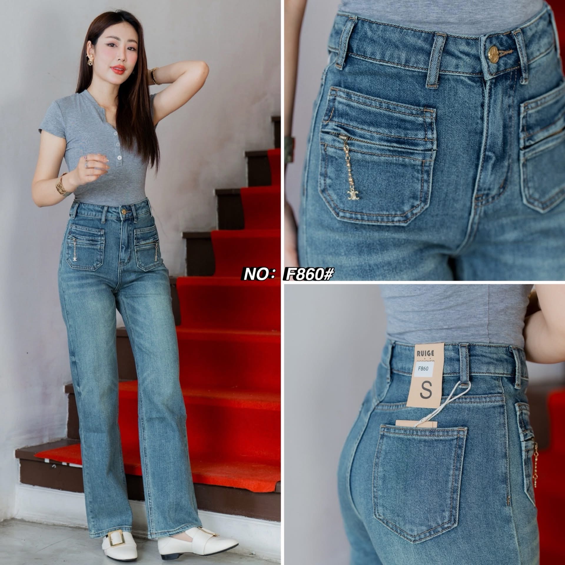 กางเกงยีนส์ขากระบอก ผ้ายืด ทรงเอวสูงงงง งานสวยหรูมาก ทรงเรียบๆแต่ดูมีสไตล์สุดๆ ใส่สบาย : สินค้าคุณภาพ (พร้อมส่ง)