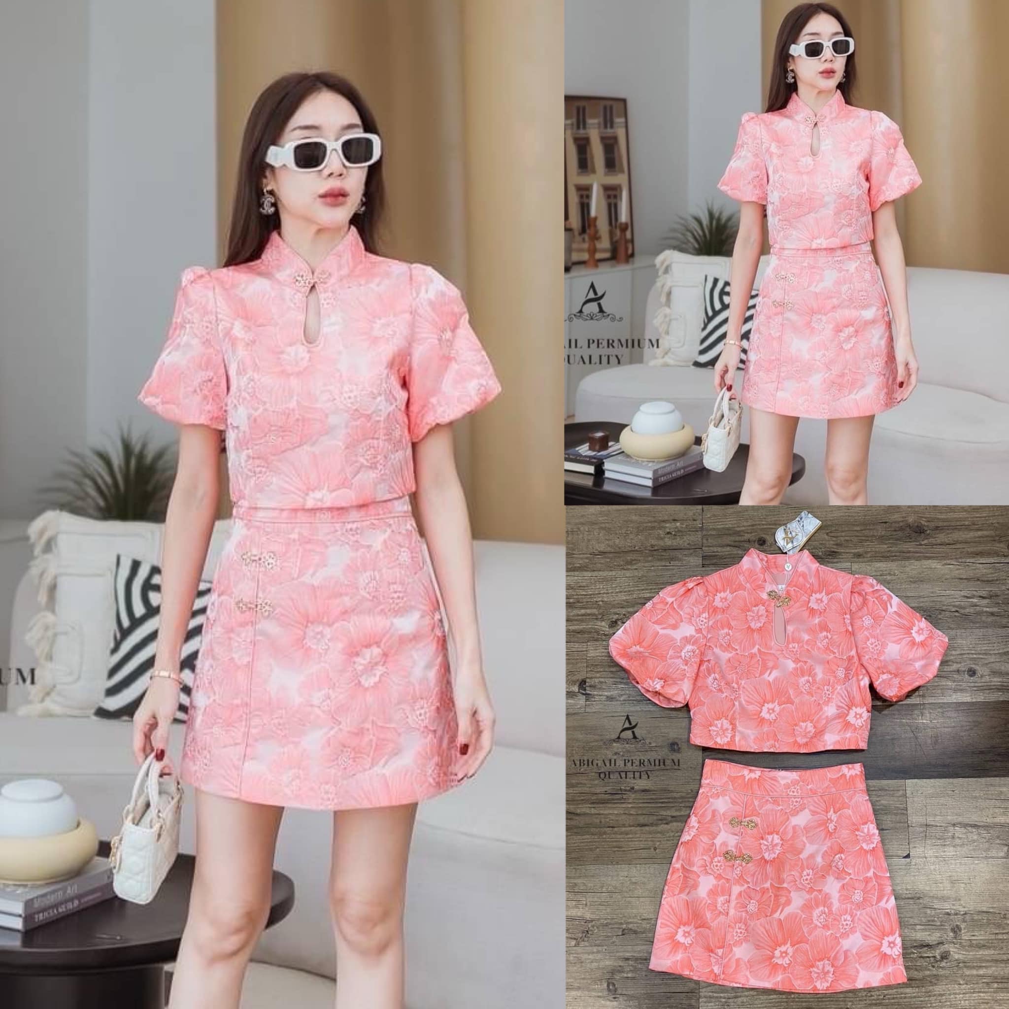 เซต 2 ชิ้น เสื้อแขนสั้นคอจีนติดกุ๊นคอ แขนพอง น่ารักแมทกับกระโปรงเอวสูง สินค้าคุณภาพ (พร้อมส่ง)